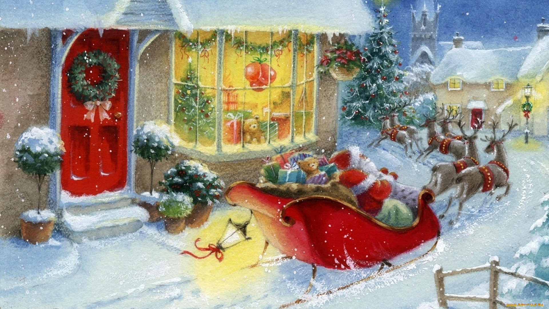 праздничные, рисованные, дома, улица, санта, клаус, олени, сани, фонарь, мешок, подарки, снег