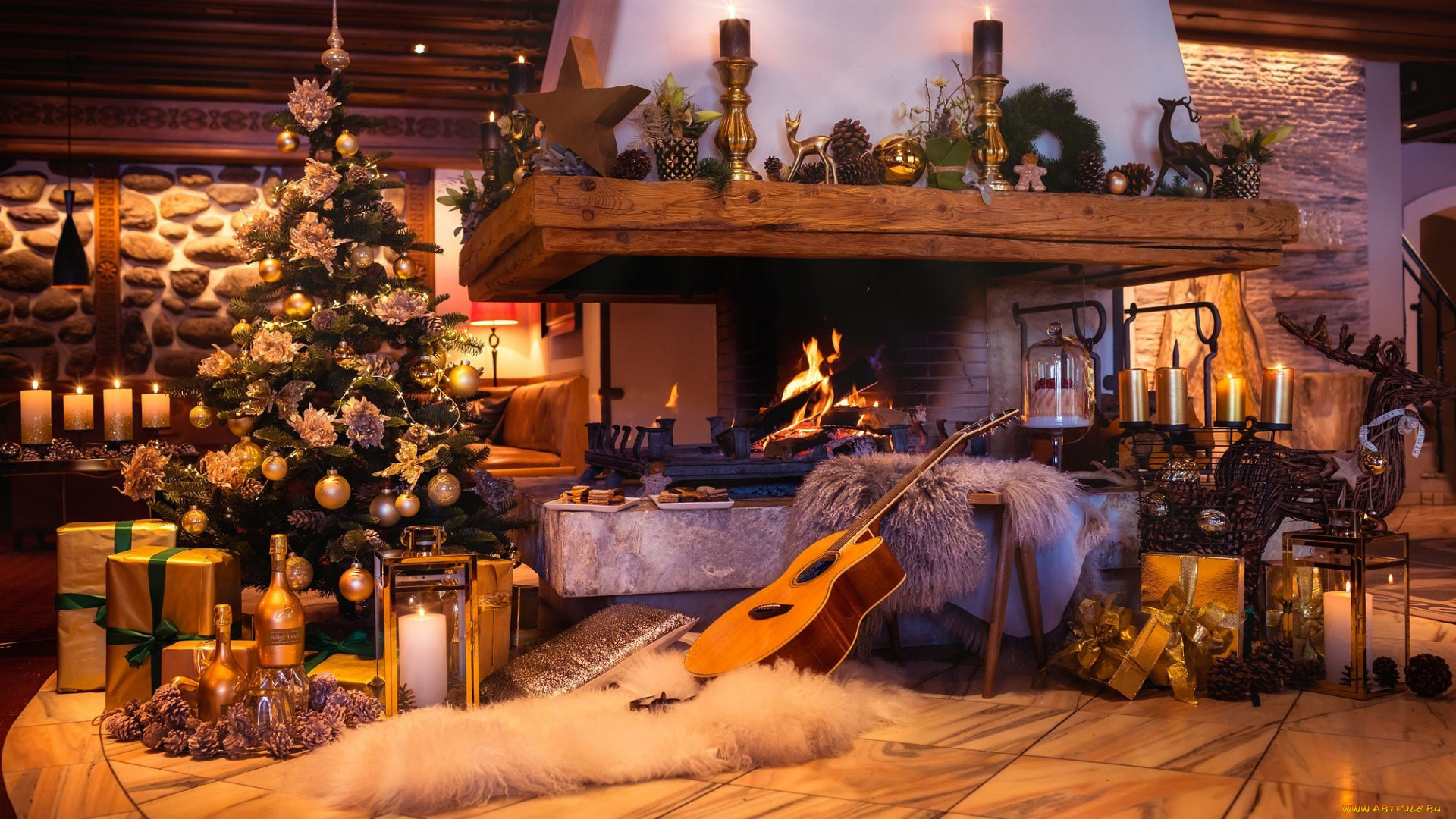 праздничные, новогодний, очаг, гитара, свечи, камин, елка