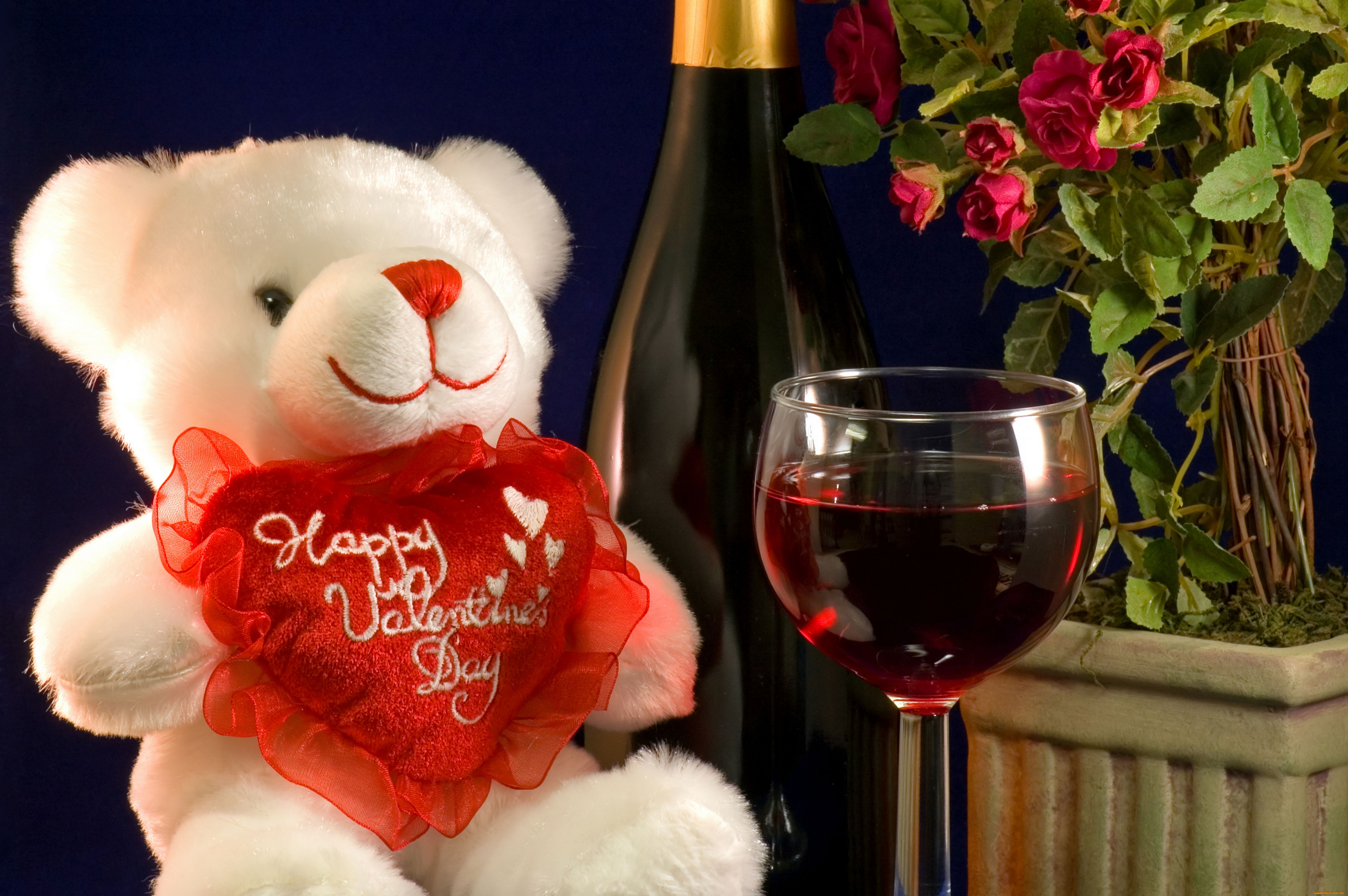 праздничные, день, св, валентина, сердечки, любовь, игрушка, розы, плюшевый, мишка, вино, бокал, вина, цветы