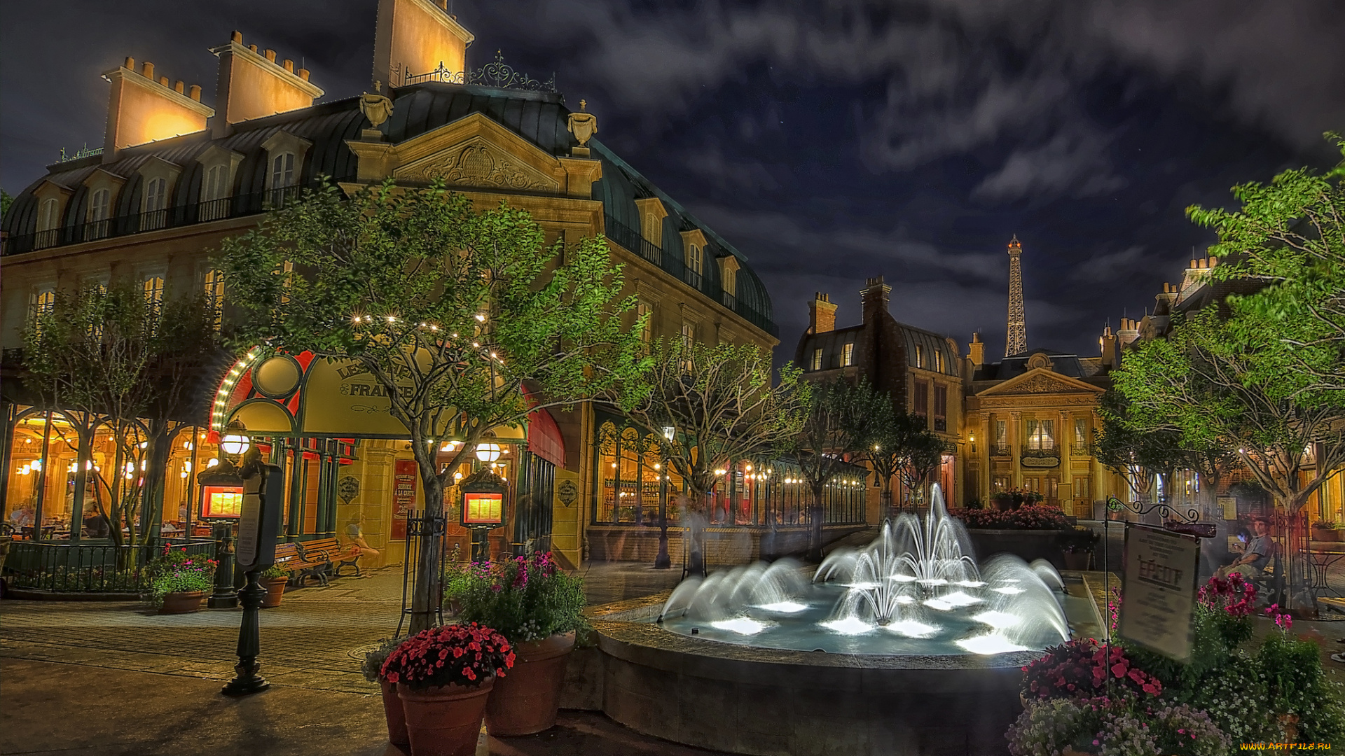 epcot`s, france, at, night, города, диснейленд, бассейн, фонтаны, площадь, ночь, башня, огни, витрины