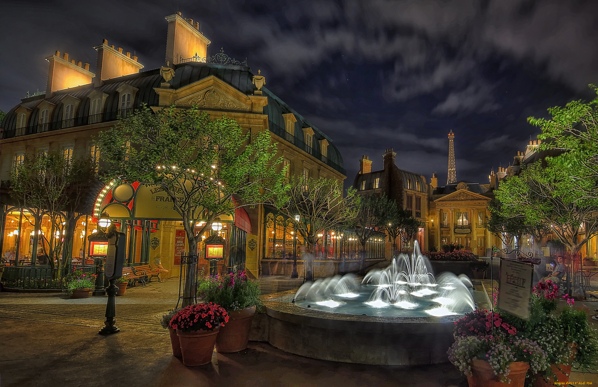 epcot`s, france, at, night, города, диснейленд, бассейн, фонтаны, площадь, ночь, башня, огни, витрины