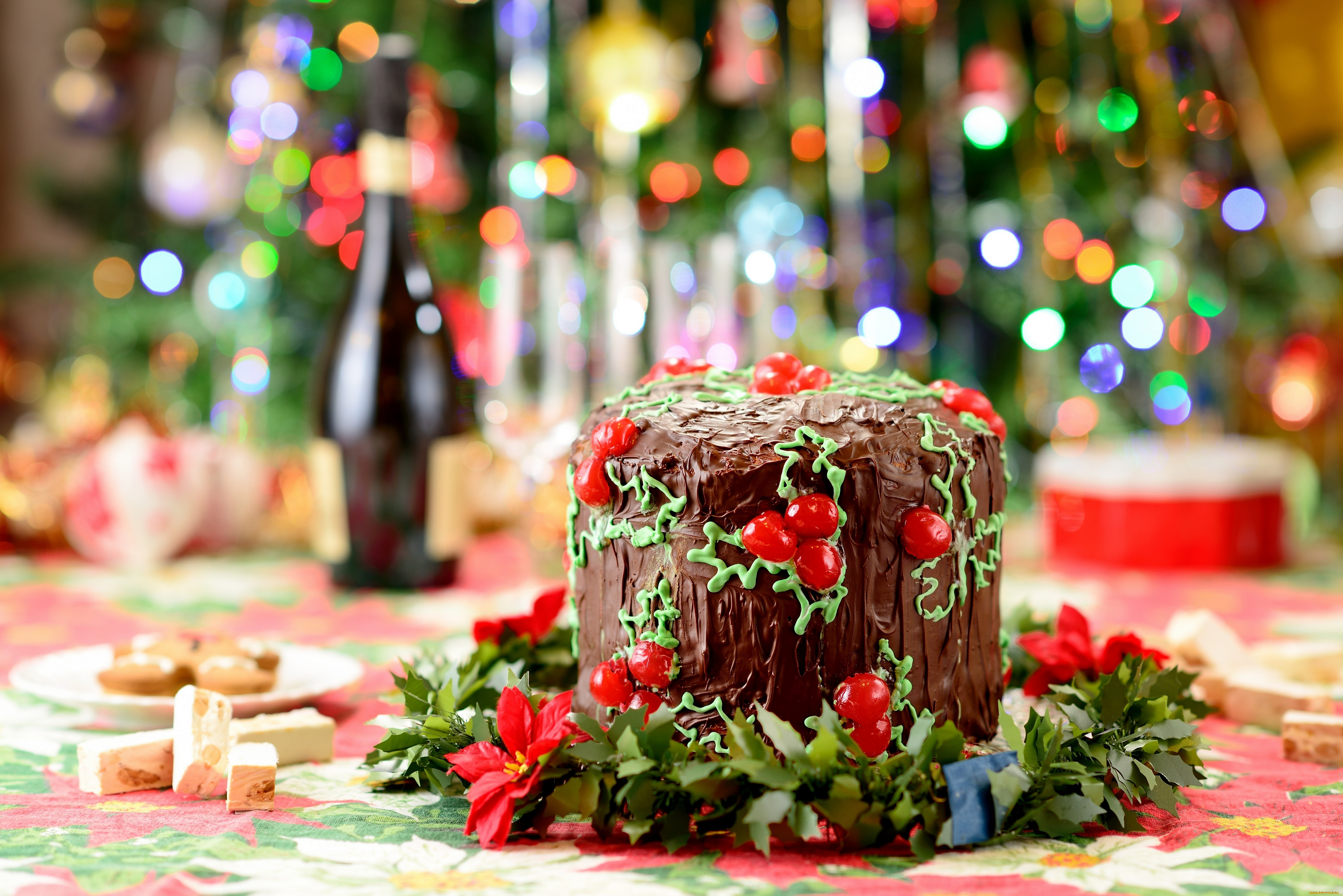 праздничные, угощения, кулич, новый, год, рождество, christmas, new, year, огни, еда, шоколад, выпечка, торт, боке, стол, зима, праздники
