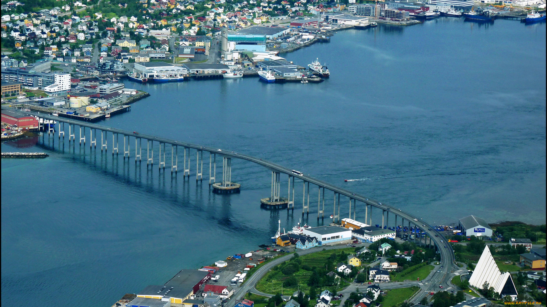 города, -, мосты, река, дома, норвегия, tromsо, мост, вид, сверху