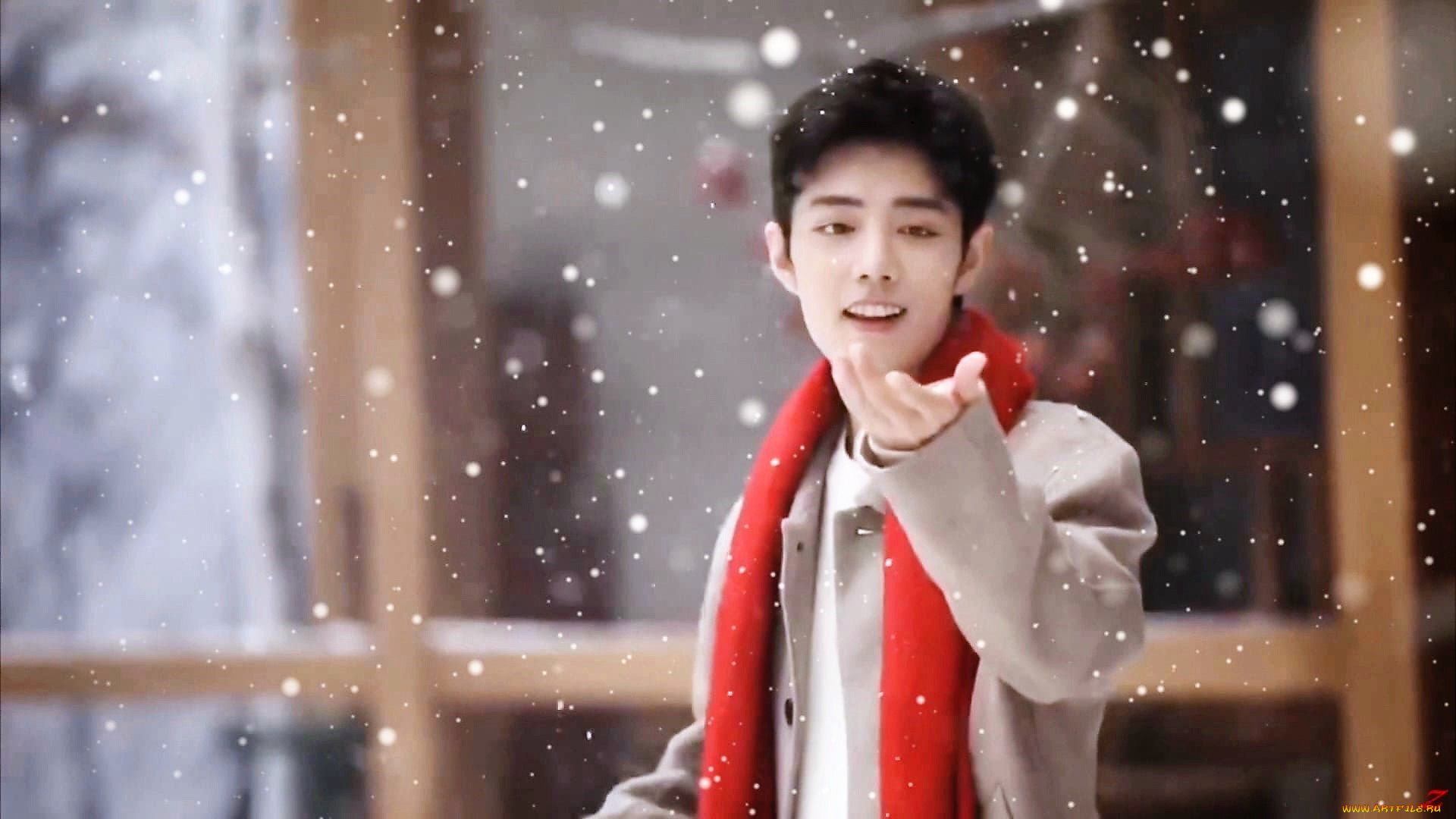 мужчины, xiao, zhan, актер, шарф, пальто, снег