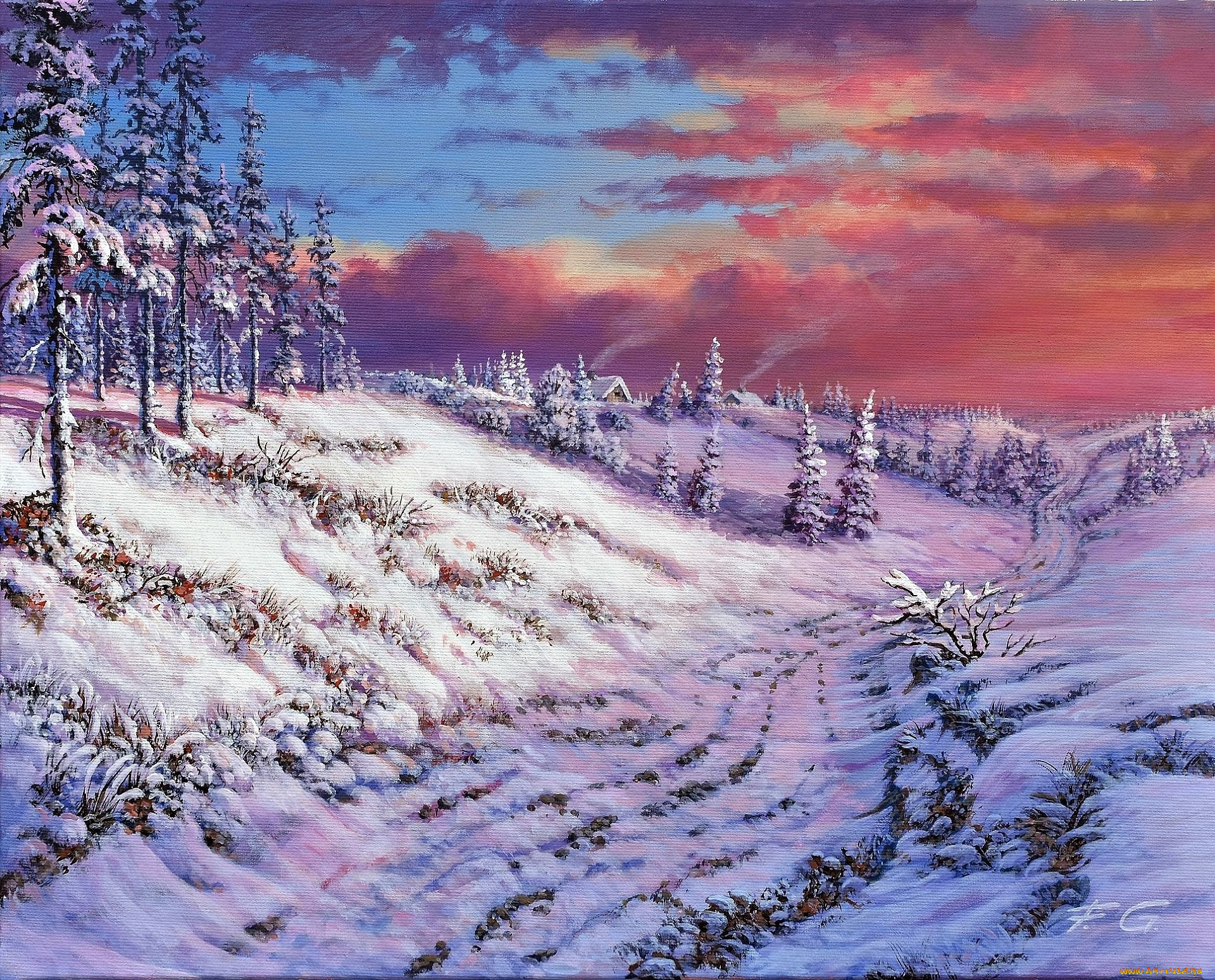 рисованное, живопись, закат, облака, деревья, снег, зима, овраг