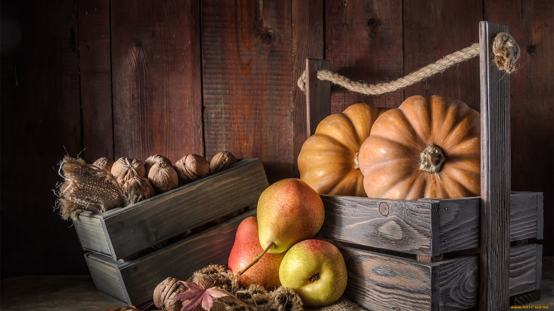 еда, натюрморт, осень, листья, стол, доски, веревка, тыквы, фрукты, орехи