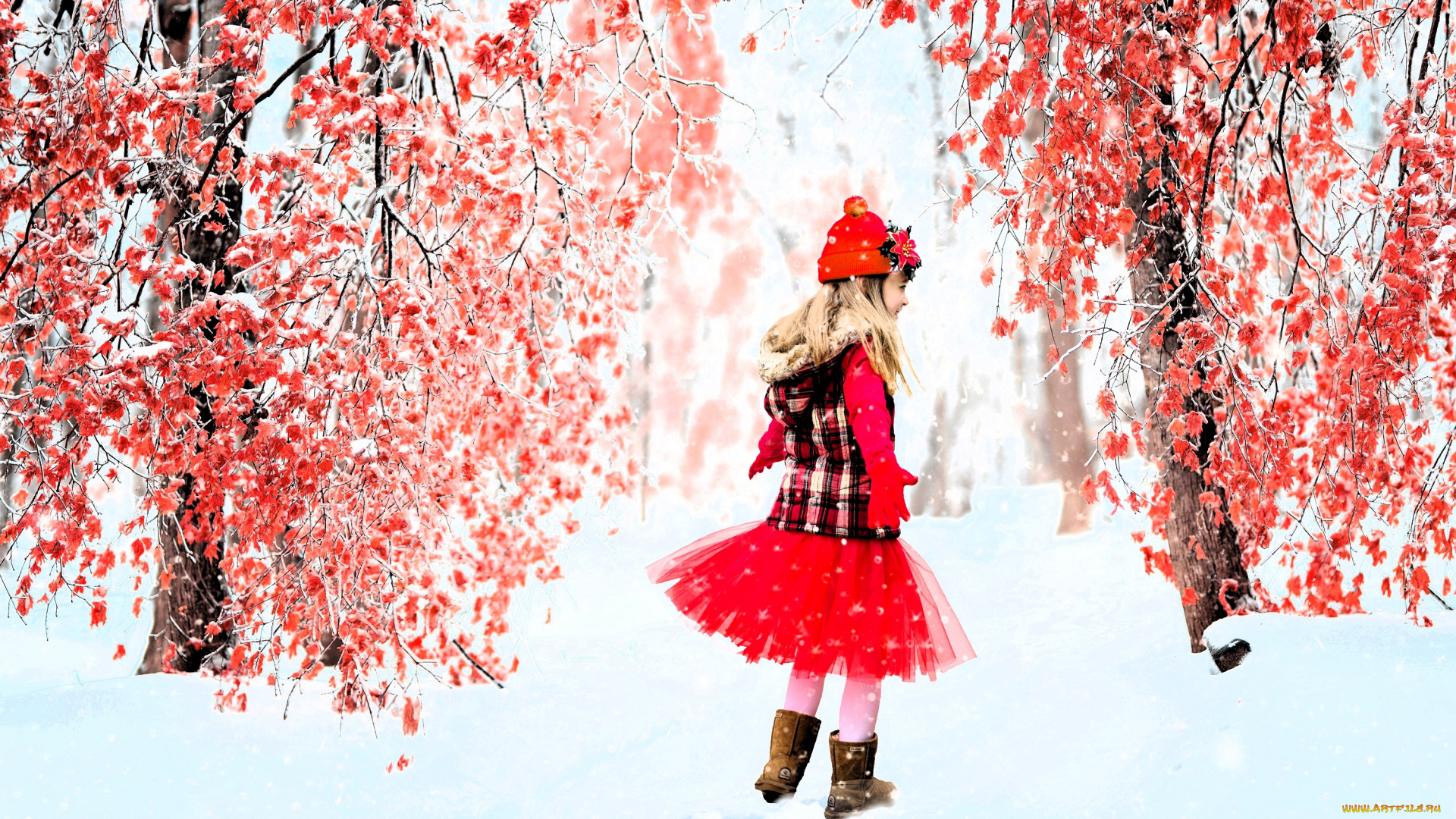 разное, дети, девочка, шапка, платье, снег, деревья, листья