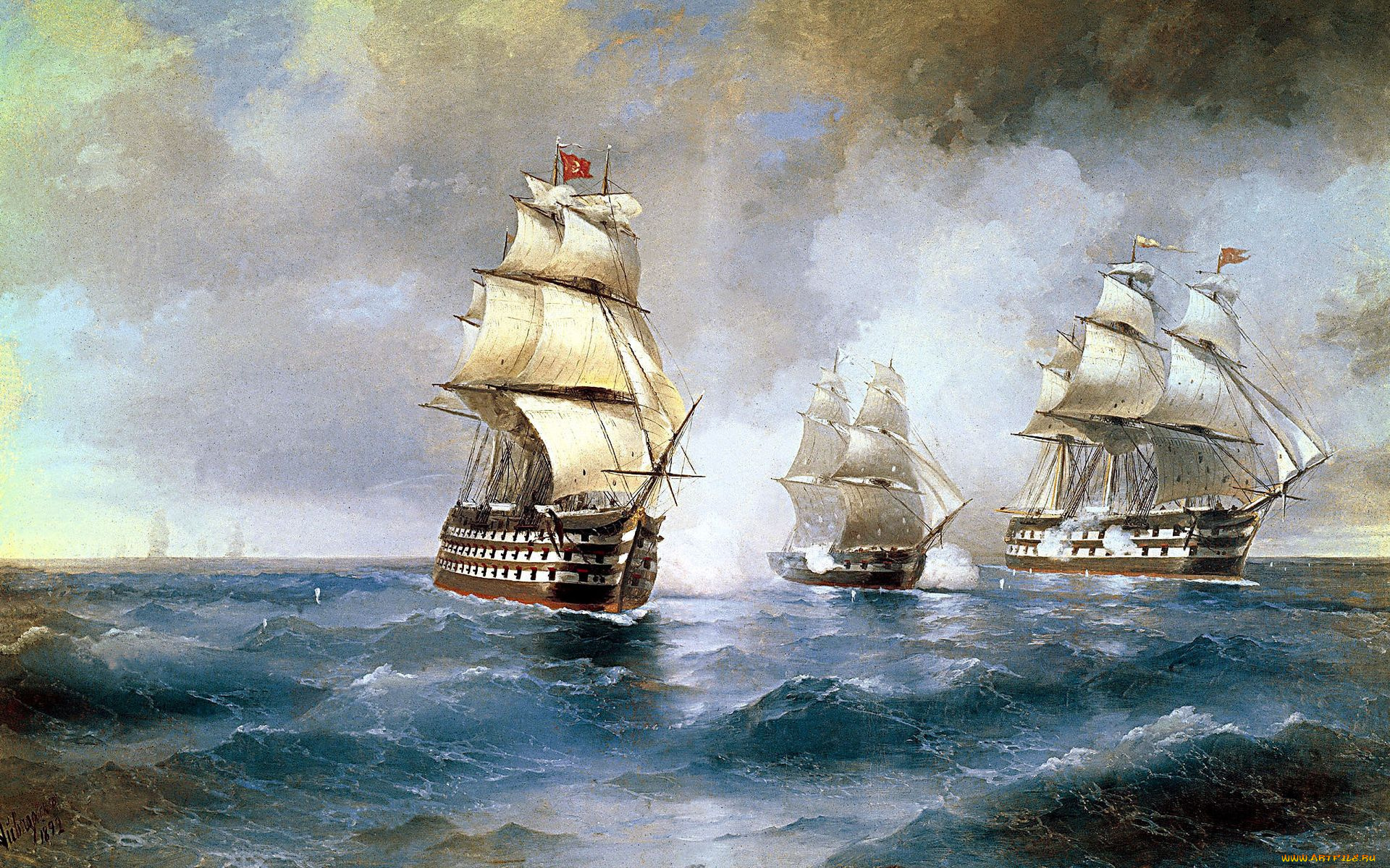 иван, айвазовский, бриг, «меркурий», атакованный, двумя, турецкими, кораблями, рисованные