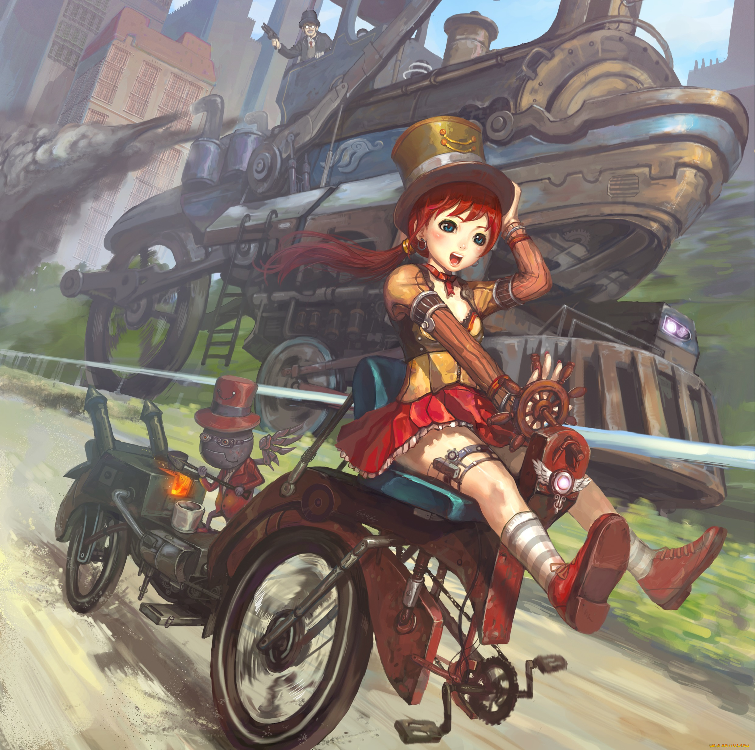 аниме, -weapon, , blood, &, technology, агригат, едет, машина, дорога, шляпа, велосипед, девочка
