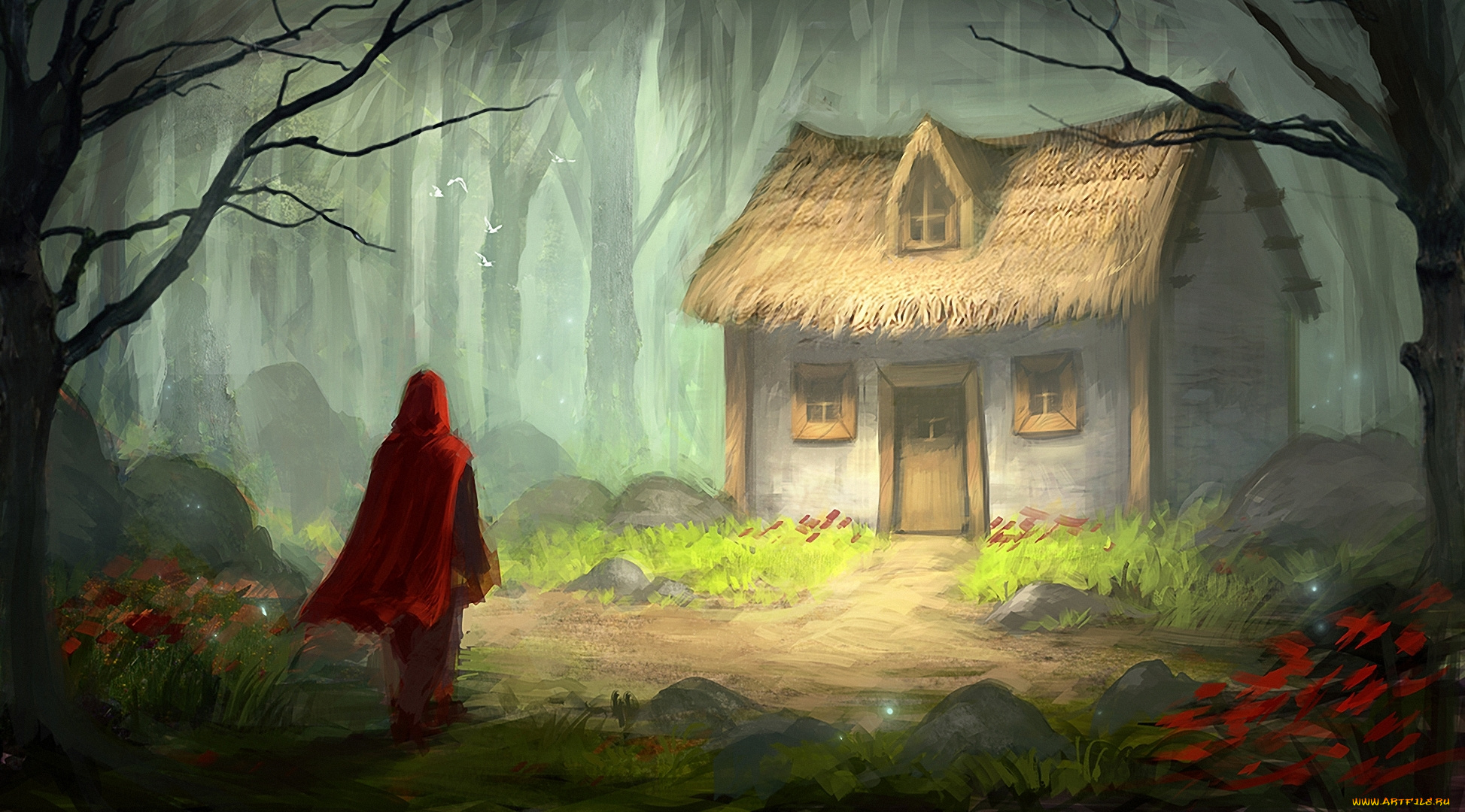 рисованное, живопись, сказка, красная, шапочка, дом, лес, птицы, плащ