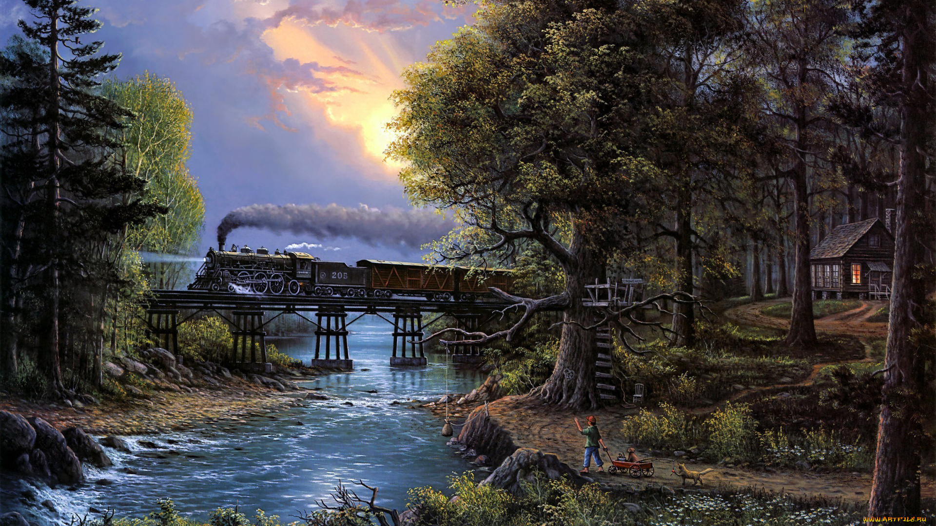 рисованное, природа, лес, река, мост, дом, люди, железная, дорога, поезд, деревья, небо