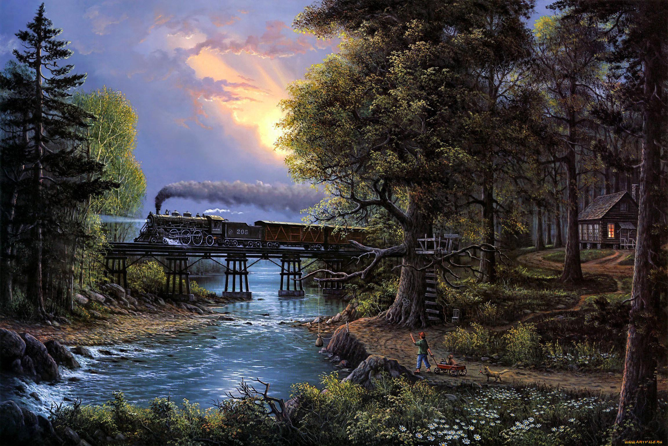 рисованное, природа, лес, река, мост, дом, люди, железная, дорога, поезд, деревья, небо