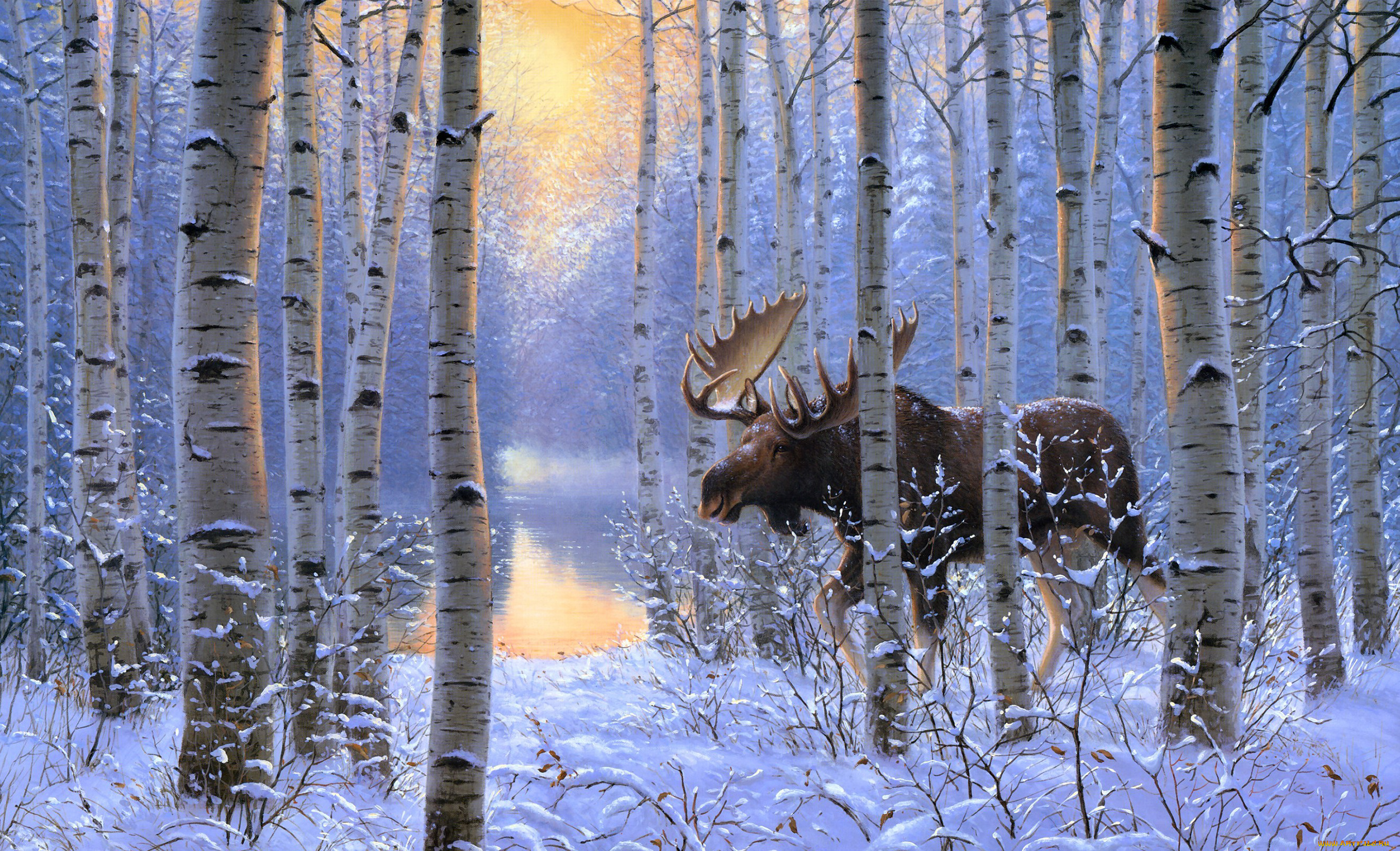 рисованное, животные, берёзы, деревья, снег, зима, зверь, лес, лось