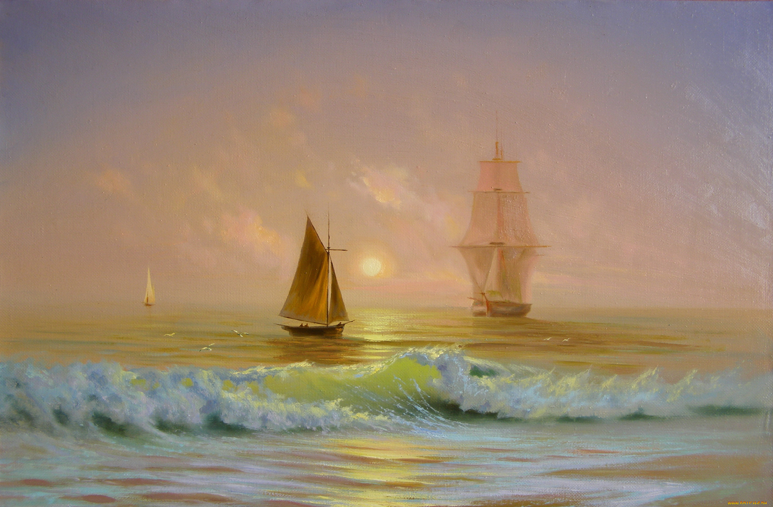 корабли, рисованные, море, волны, небо, солнце, лодки, яхты, парусники, чайки