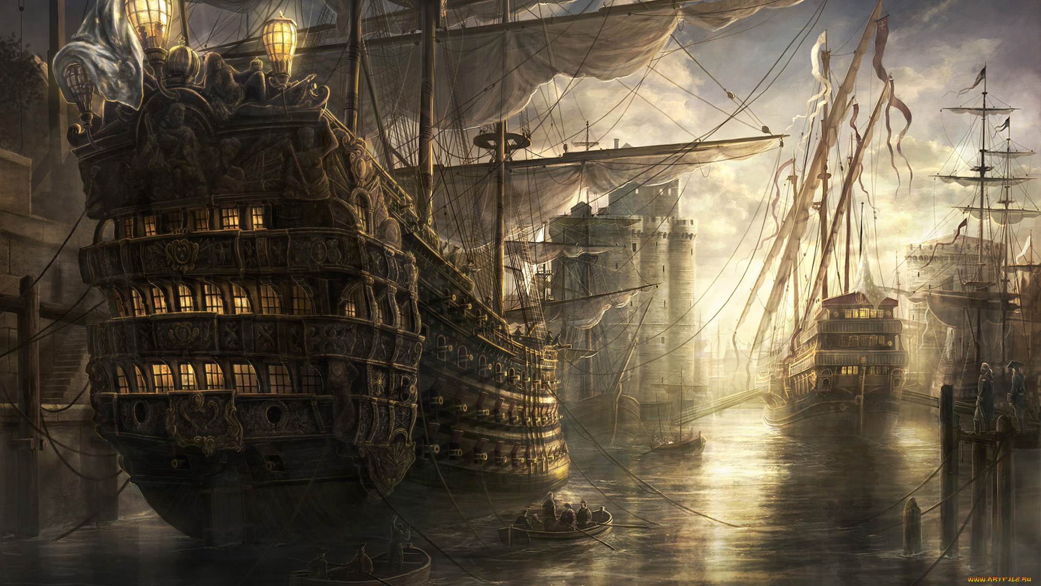 фэнтези, корабли, мачты, вода, океан, верфь, пиратский, остров, тортуга, море