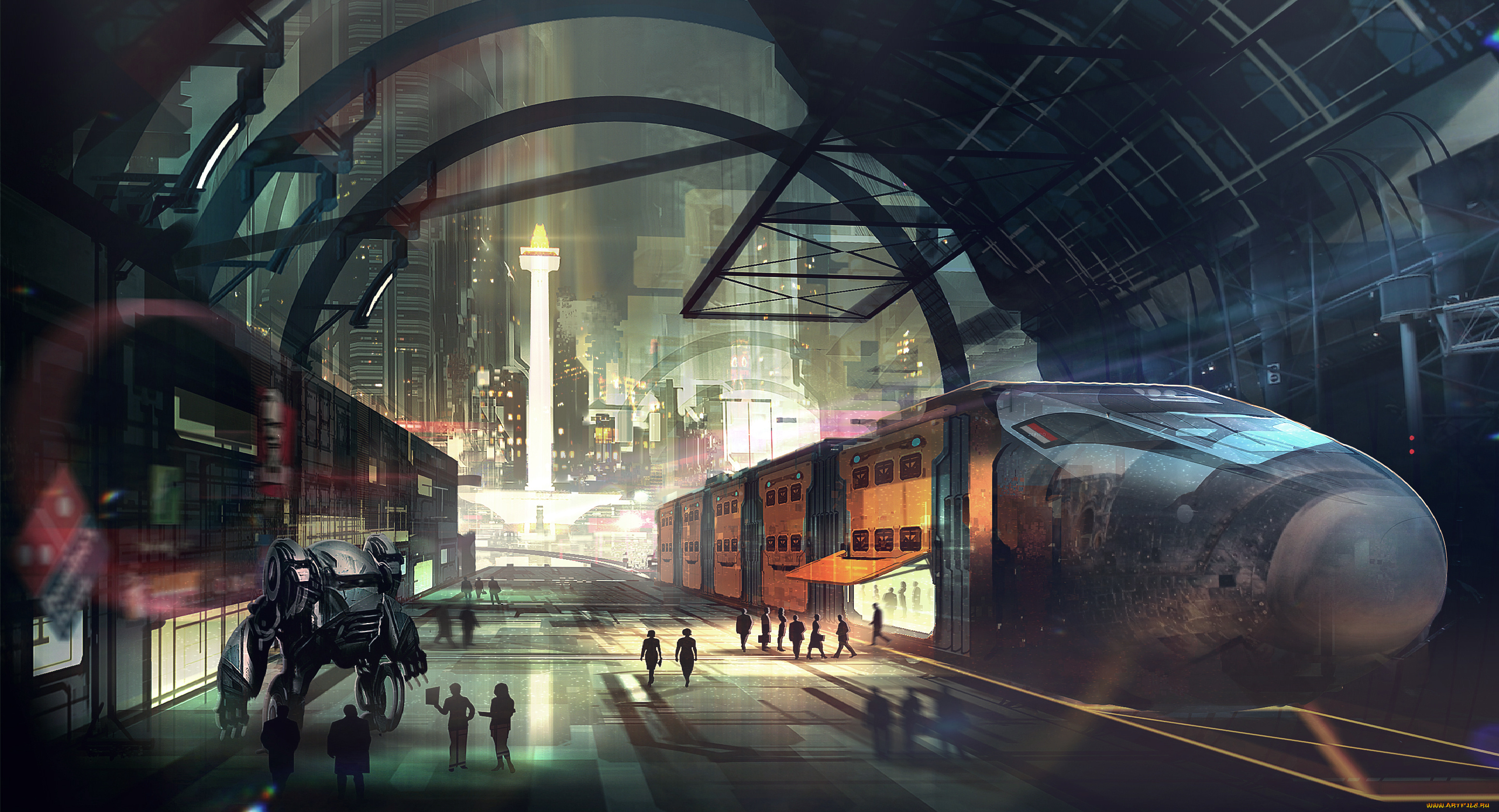фэнтези, транспортные, средства, робот, мегаполис, вокзал, поезд, будущее