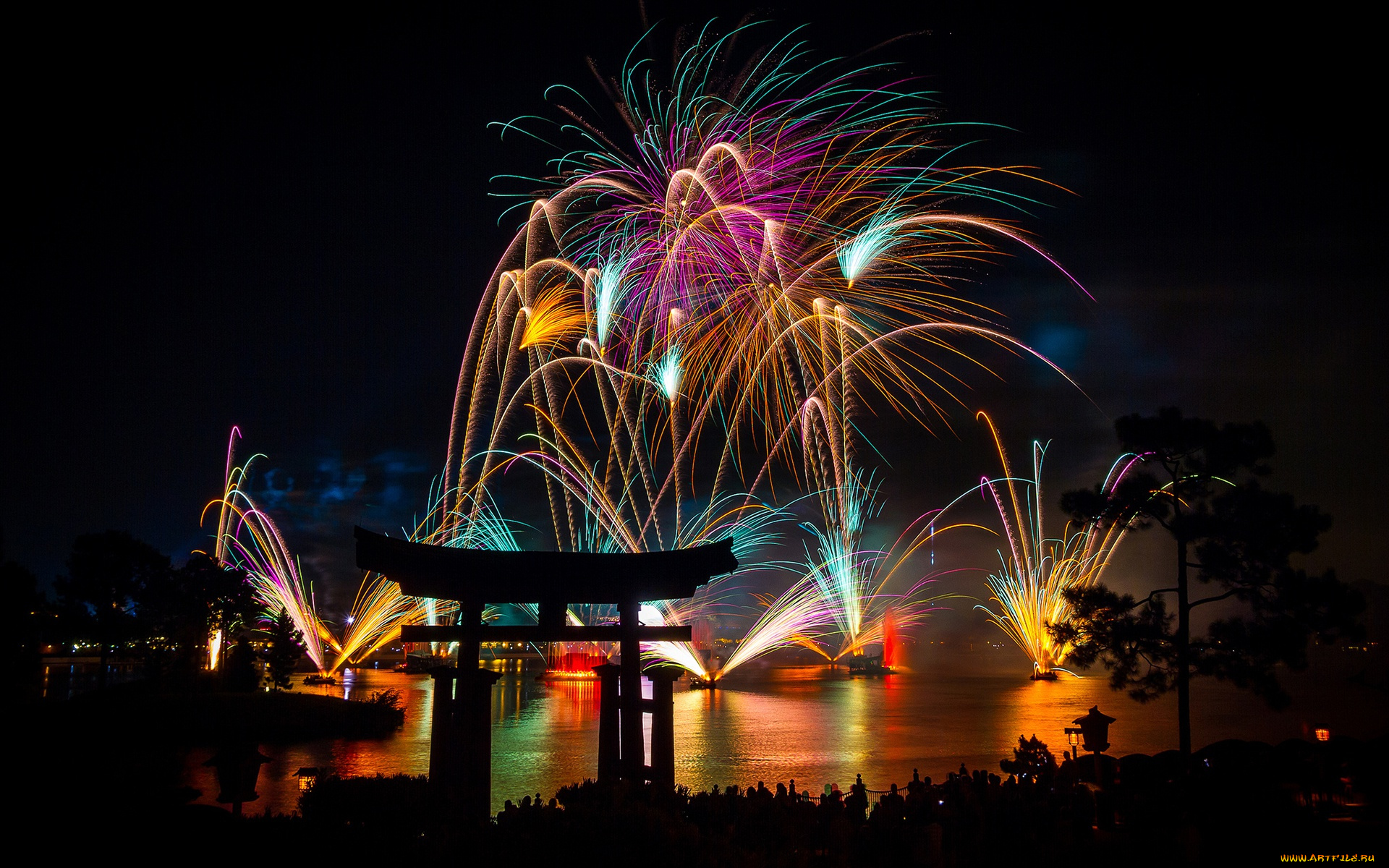 разное, салюты, , фейерверки, lights, fireworks, night, torii, pines, new, year, asia