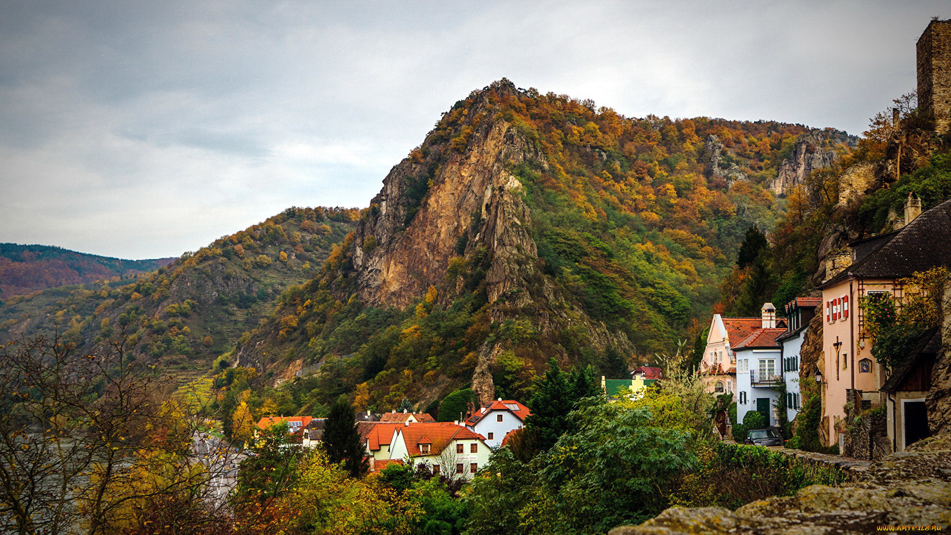 austria, , durnstein, города, -, пейзажи, горы, дома, осень