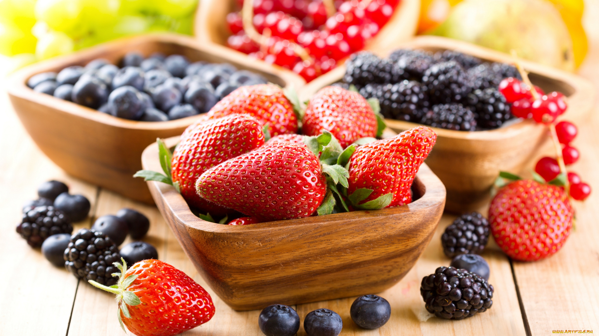 еда, фрукты, , ягоды, боке, миски, голубика, красная, смородина, ежевика, клубника, ягоды