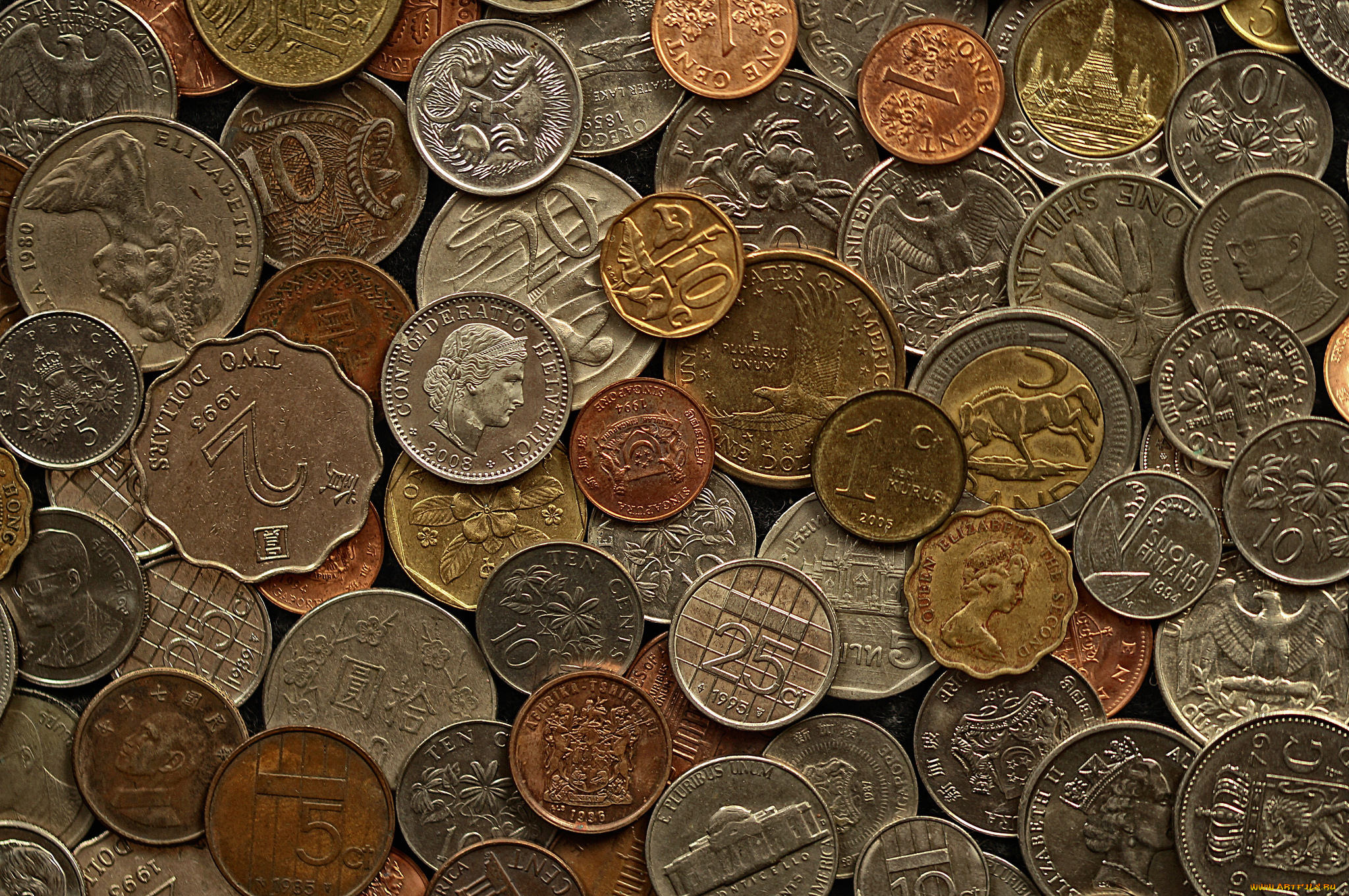 разное, золото, , купюры, , монеты, монеты, деньги, макро, текстура