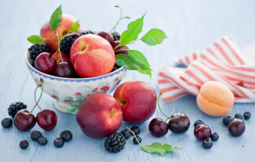 Картинка еда фрукты ягоды пиала натюрморт голубика ежевика абрикос нектарины черешня