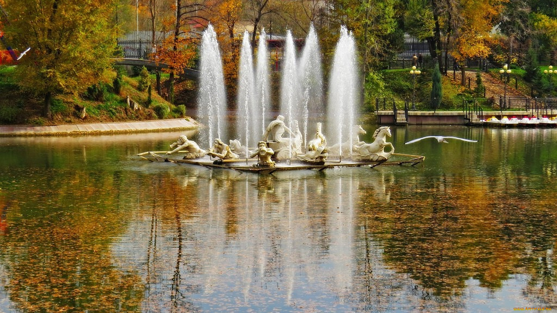 города, -, фонтаны, скульптура, конь, птица, листья, вода
