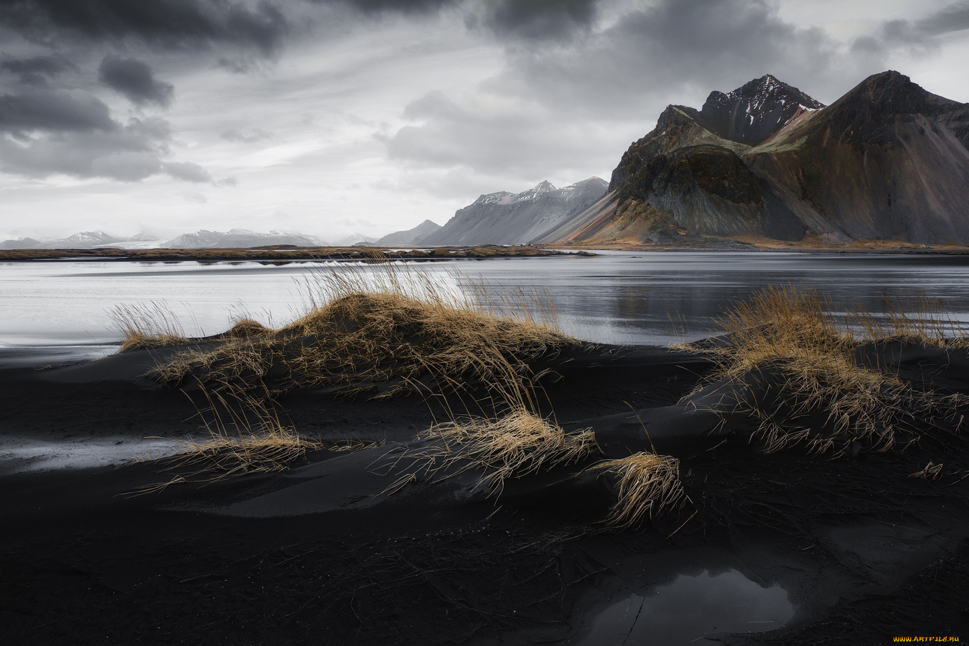природа, горы, серый, день, тучи, исландия, небо