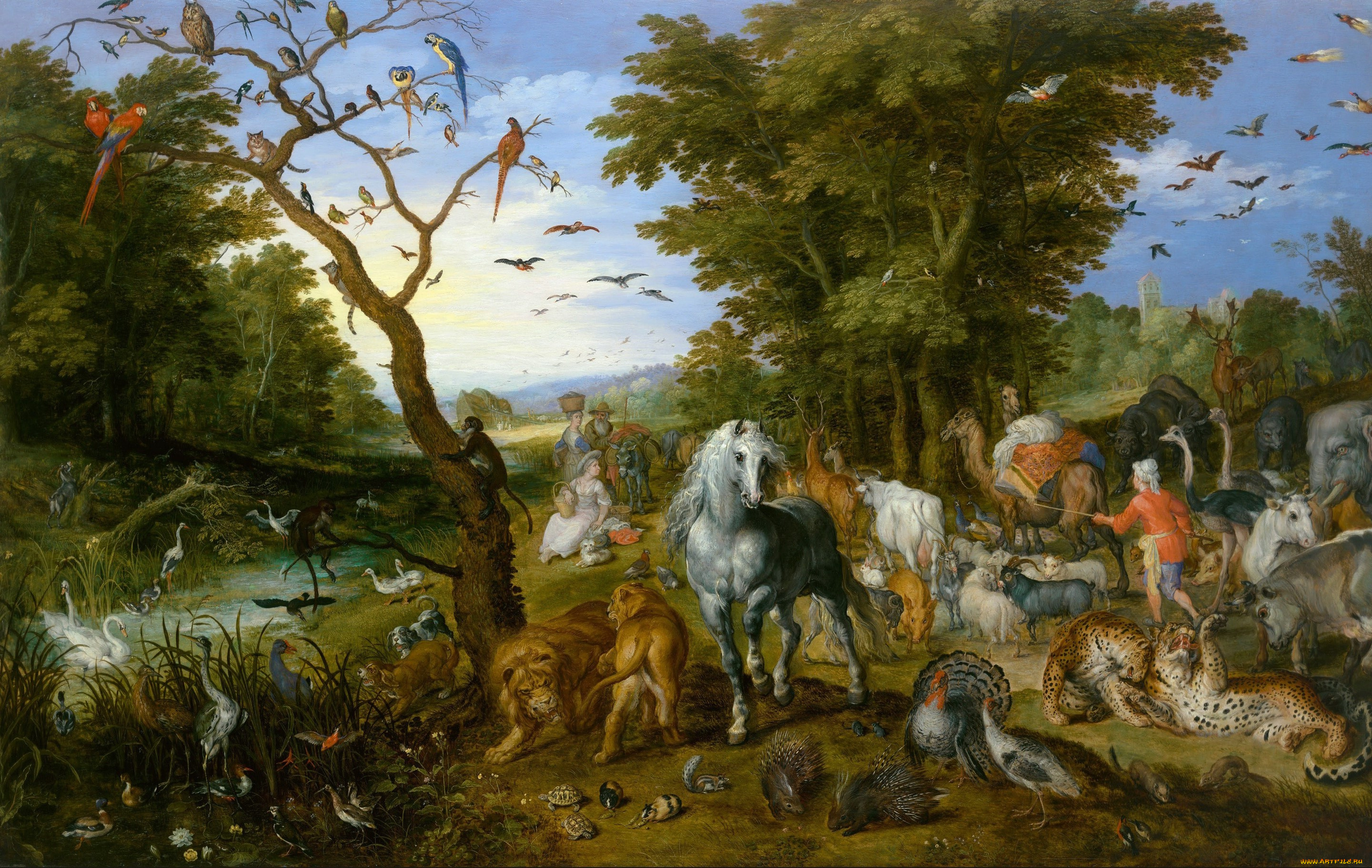 рисованное, живопись, Ян, брейгель, старший, картина, ной, собирает, животных, для, ковчега, мифология