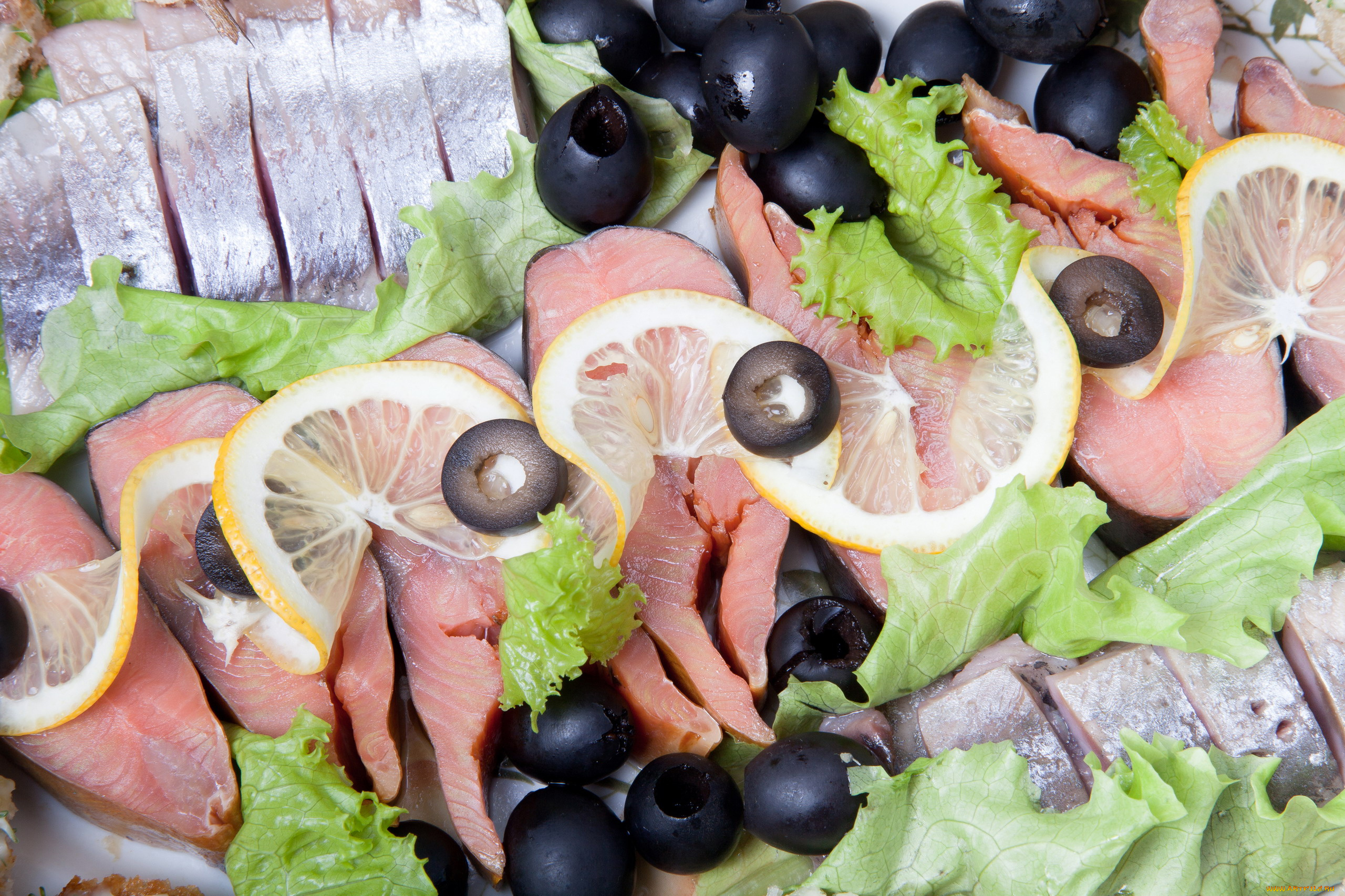 еда, рыбные, блюда, , с, морепродуктами, маслины, селедка, лимон, зеленый, салат