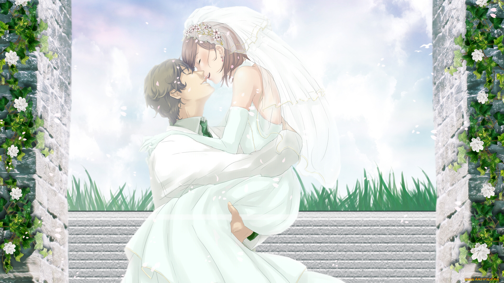 tokimeki, memorial, аниме, девушка, мужчина, свадьба, свадебное, платье, невеста, жених, фата, цветы, небо, облака, ограда, трава, растения