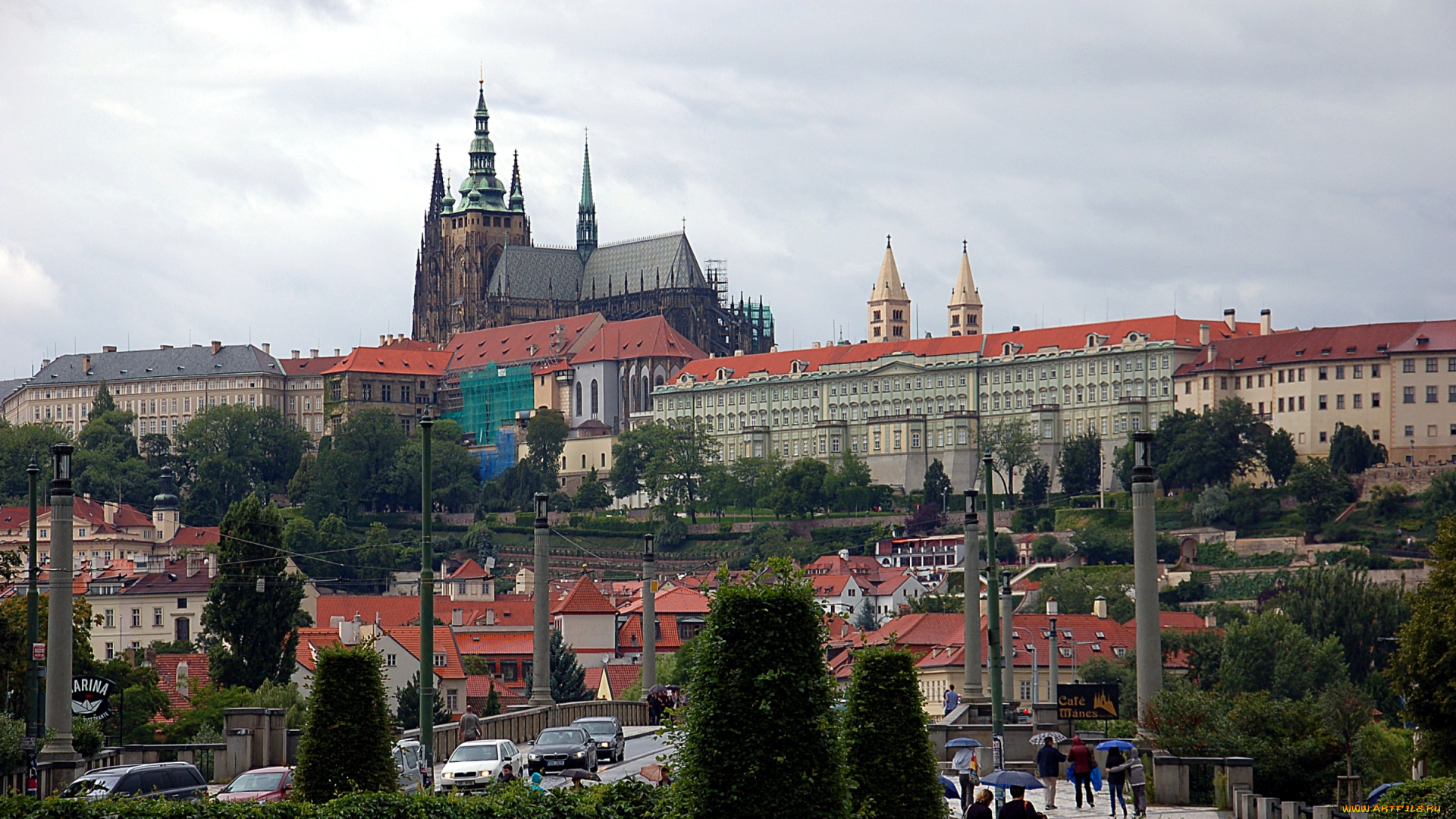 города, прага, Чехия, панорама, крыши, собор, святого, витта