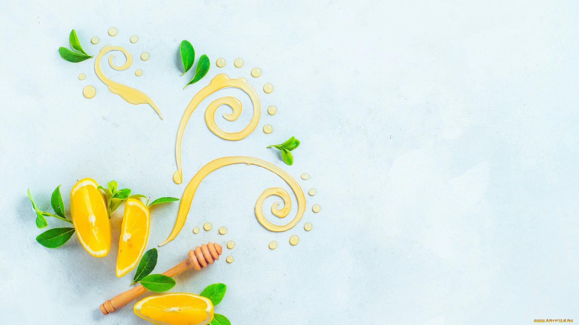 натюрморт, еда, цитрусы, листья, лимон, мёд, узор