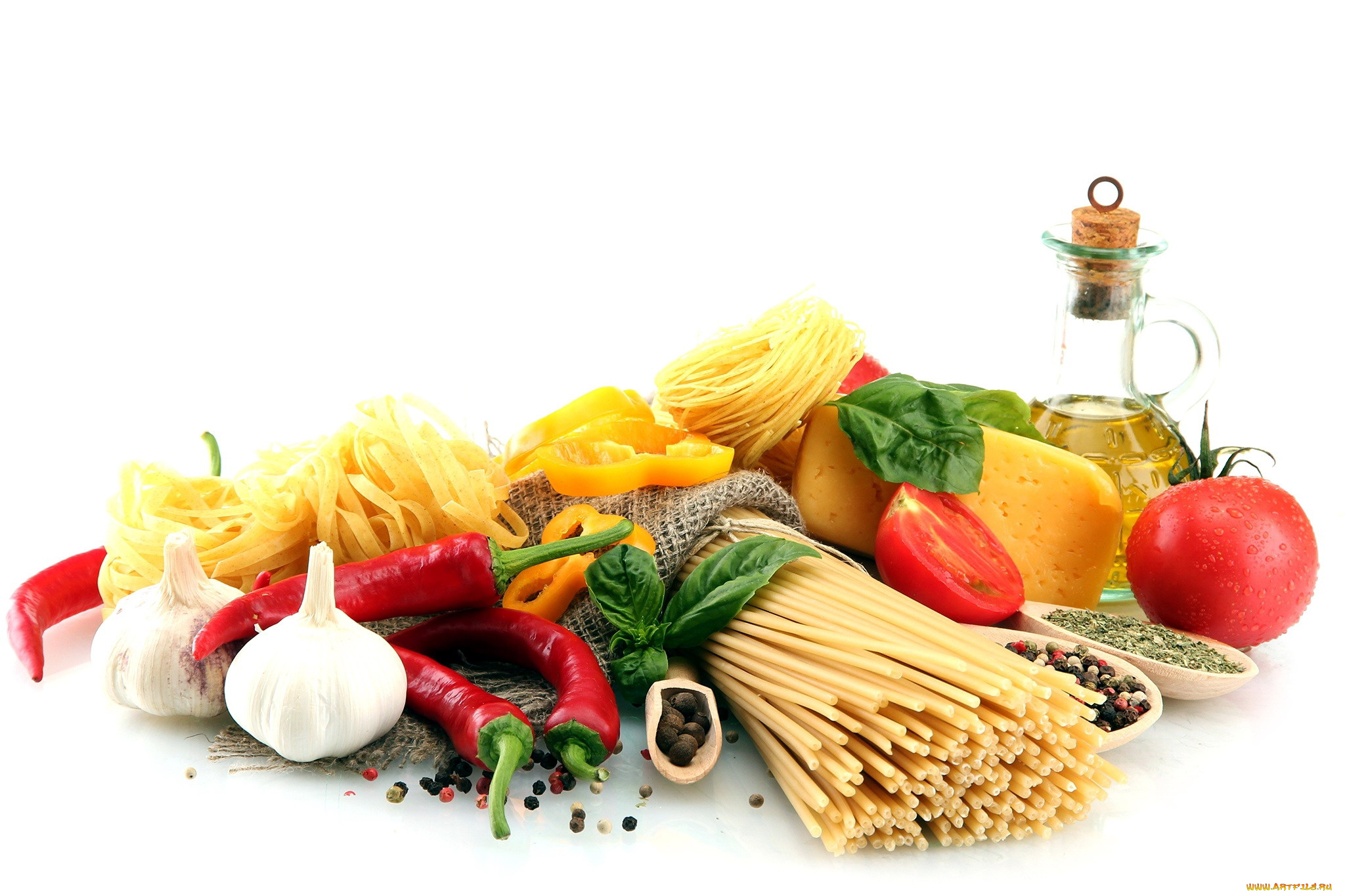 еда, макаронные, блюда, перец, чеснок, спагетти, помидоры, томаты