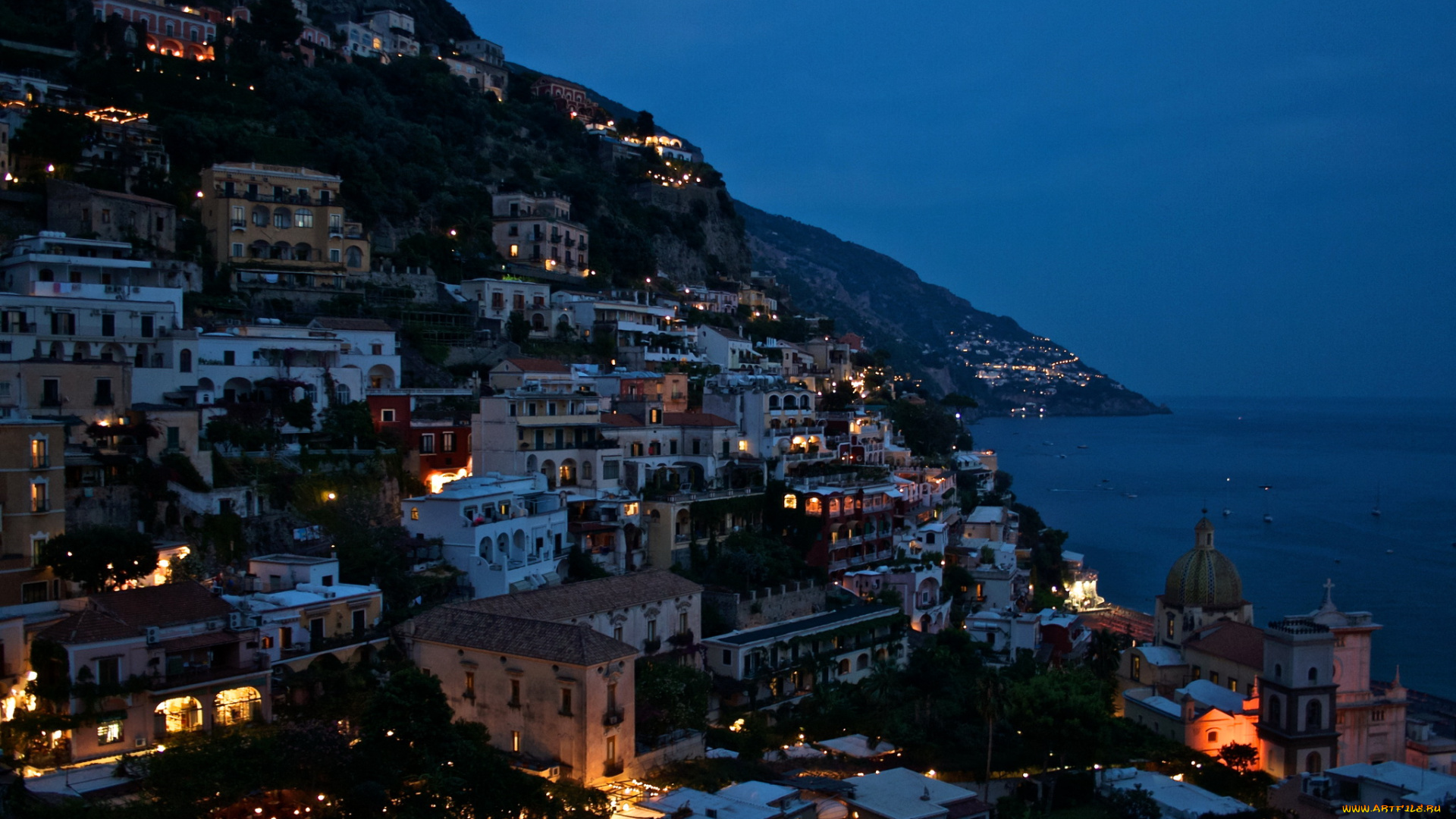 positano, италия, города, амальфийское, лигурийское, побережье, огни, дома, море, ночь