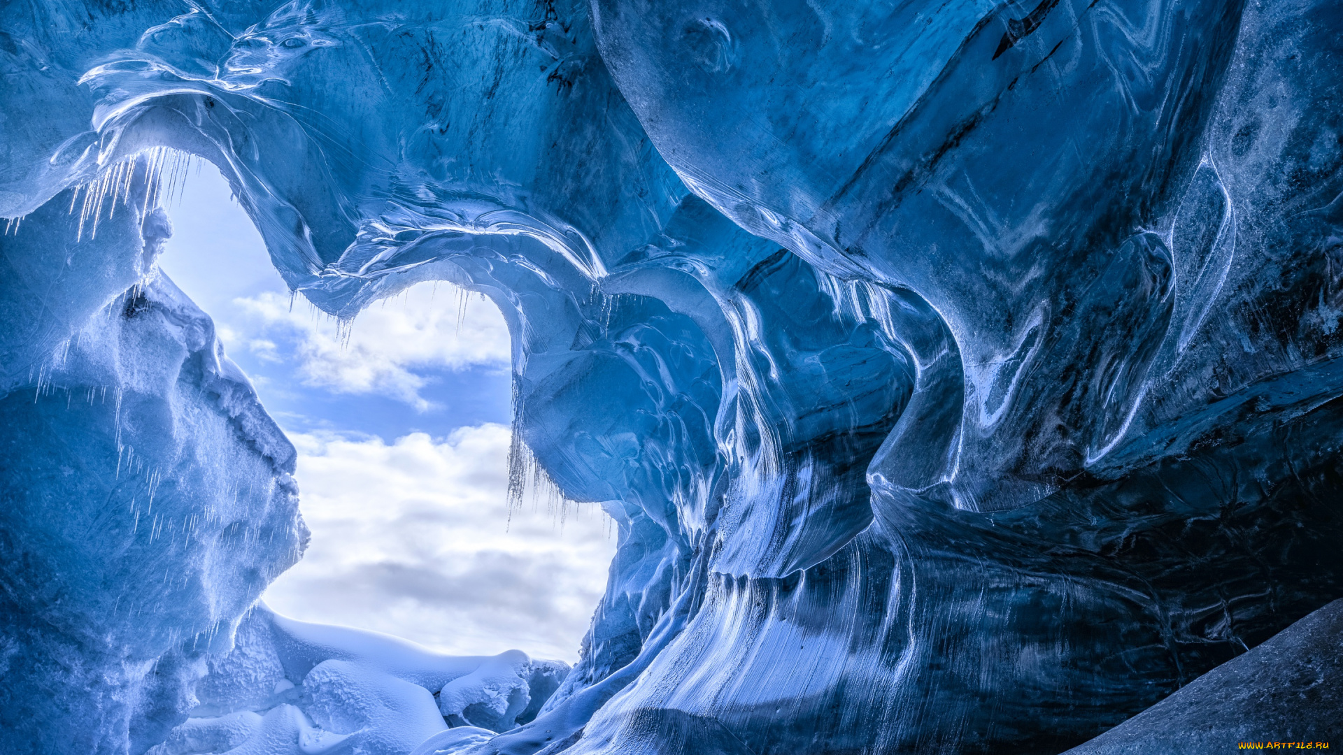 природа, айсберги, и, ледники, грот, снег, исландия, зима, сосульки, пещера, лёд