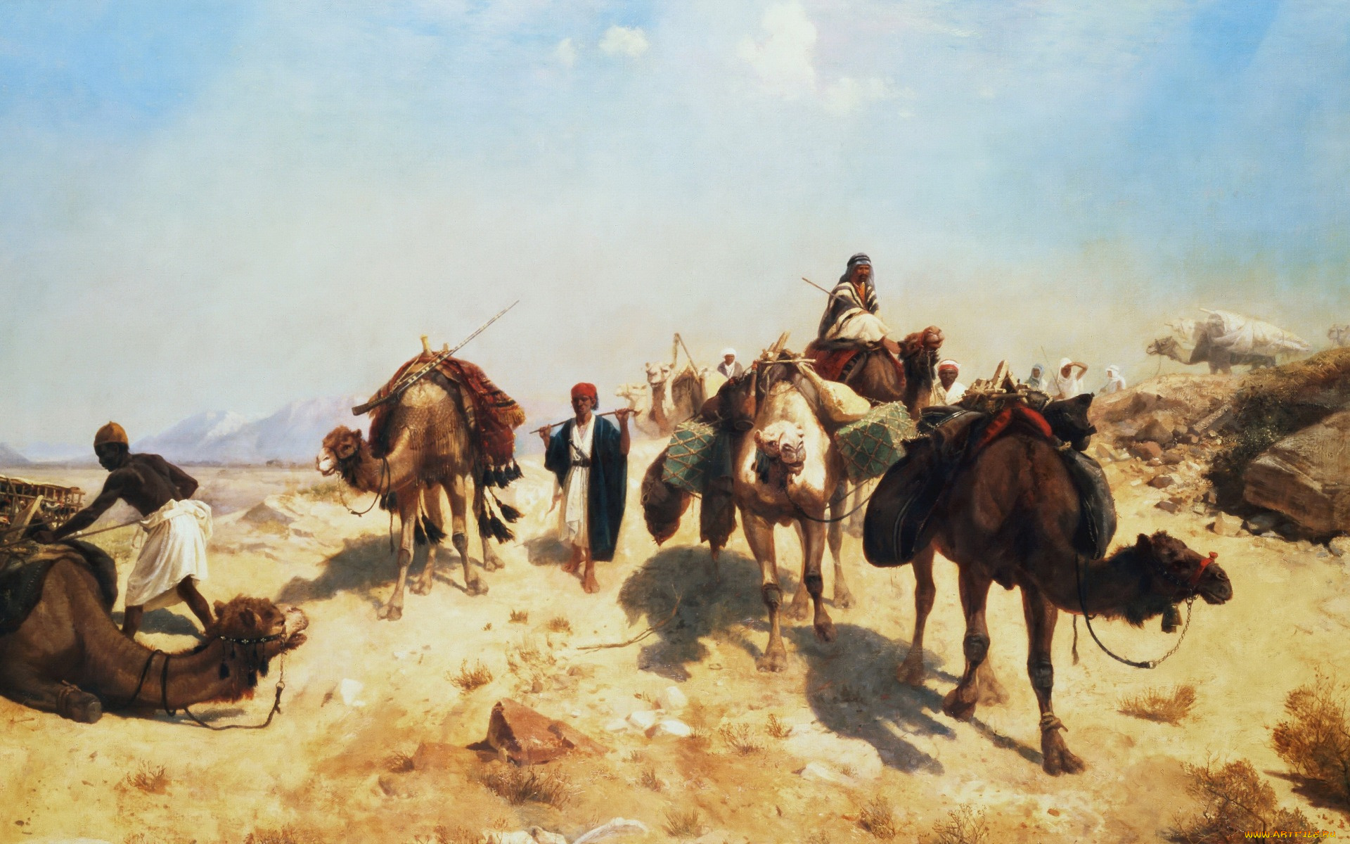 рисованное, живопись, жан-леон, жером, пейзаж, картина, караван, в, пустыне, верблюд