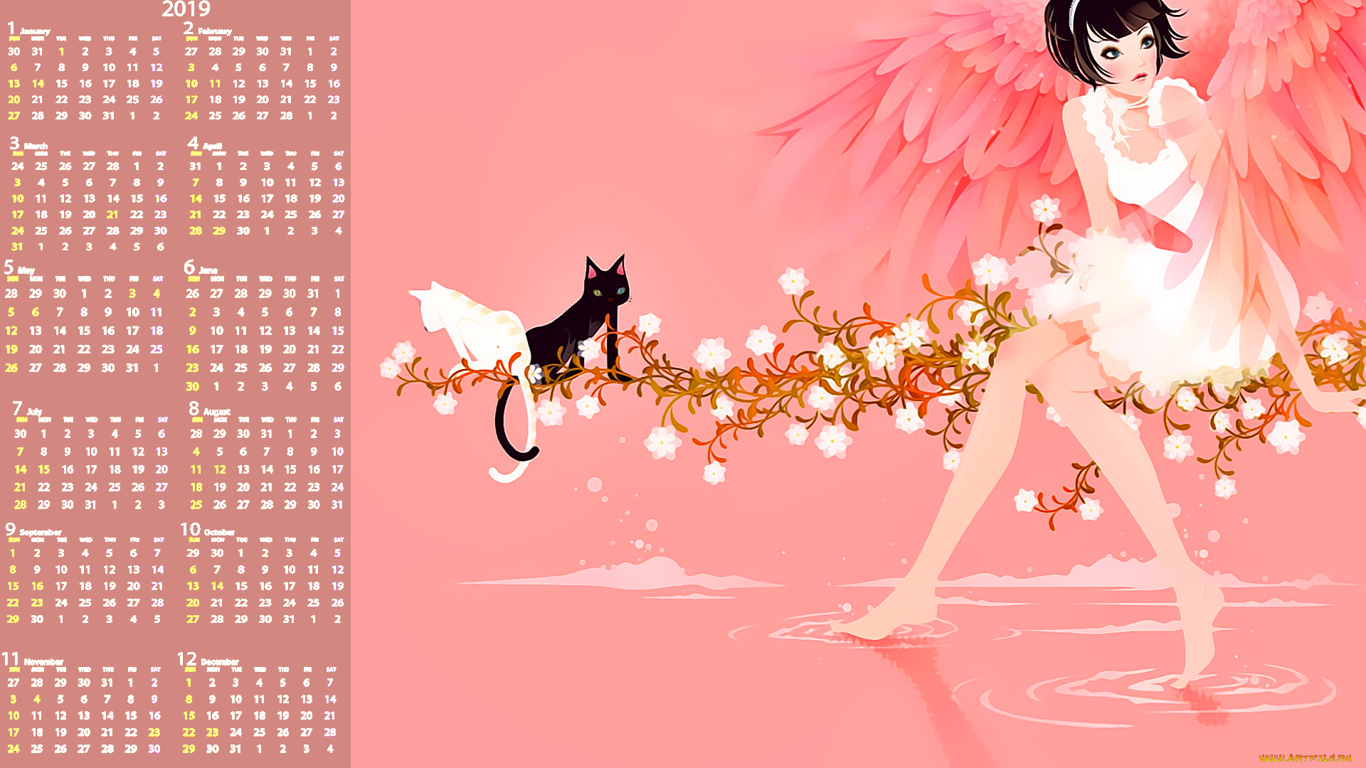 календари, аниме, девушка, крылья, кошка, цветы
