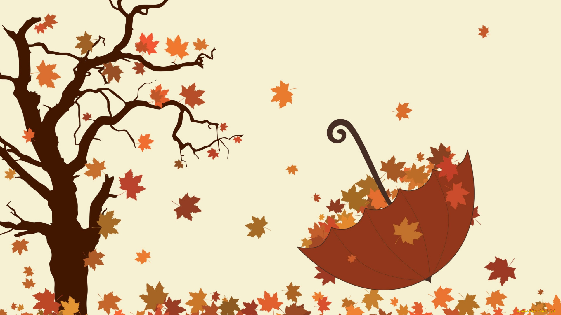 рисованные, природа, дерево, осень, листья, зонтик