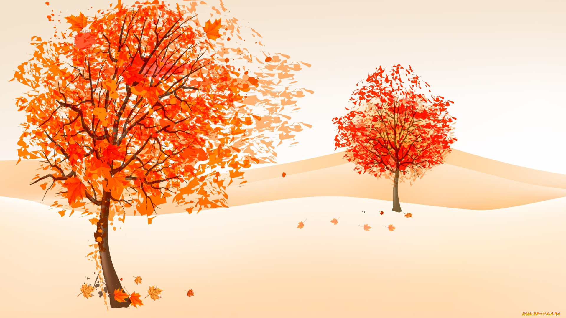 рисованные, природа, осень, деревья, листва, ветер