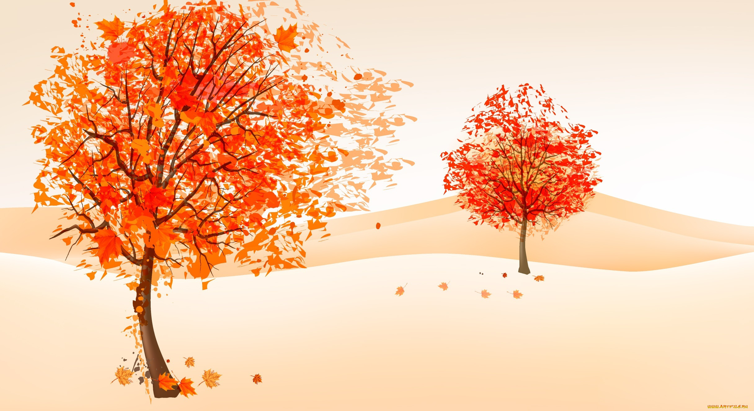 рисованные, природа, осень, деревья, листва, ветер