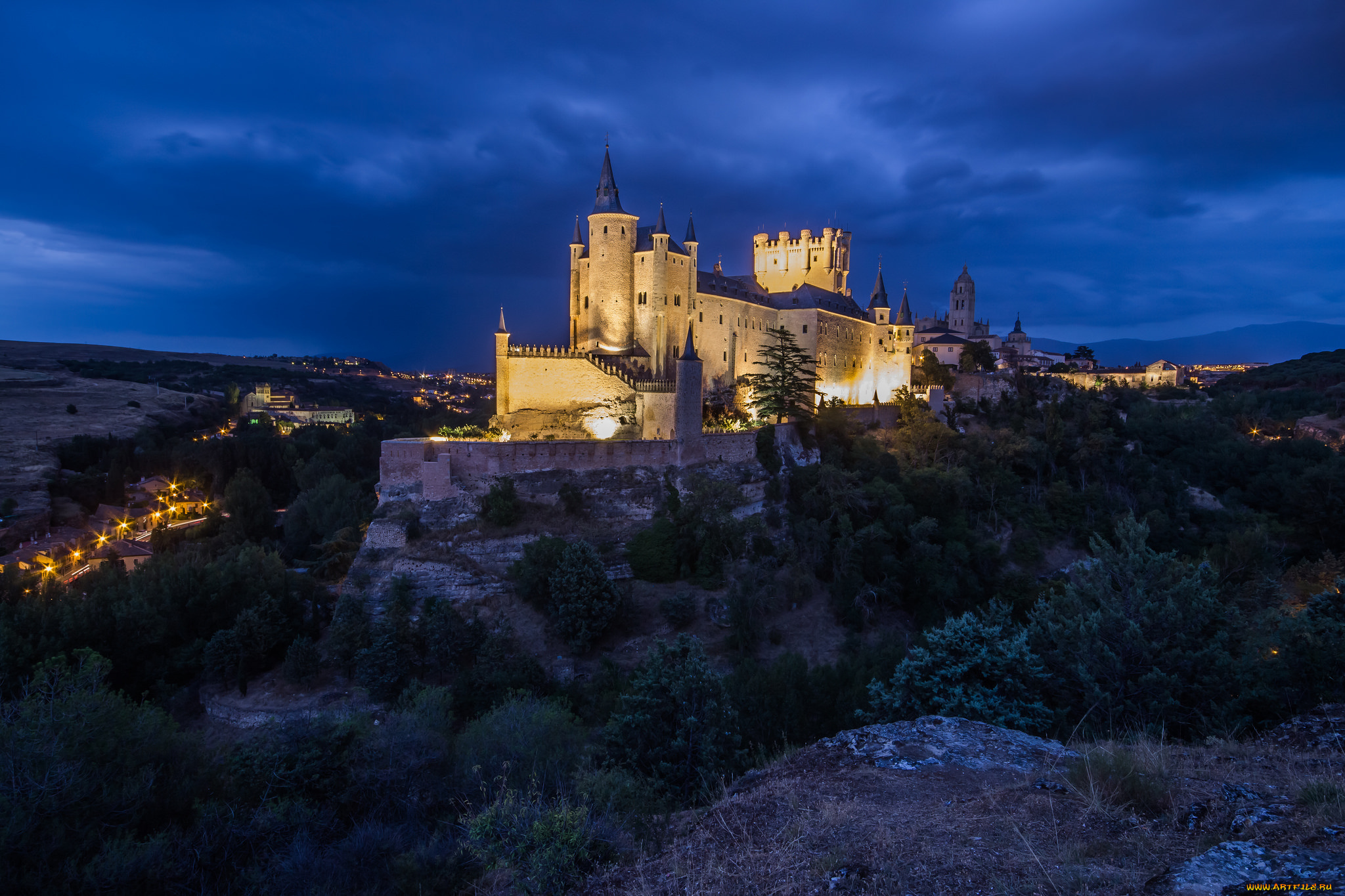 catedral, de, segovia, города, -, католические, соборы, , костелы, , аббатства, замок, холм, ночь