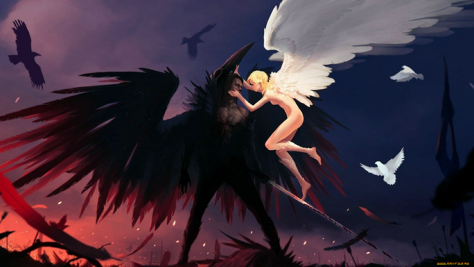 фэнтези, существа, голуби, перья, ангел, крылья, меч, демон, вороны
