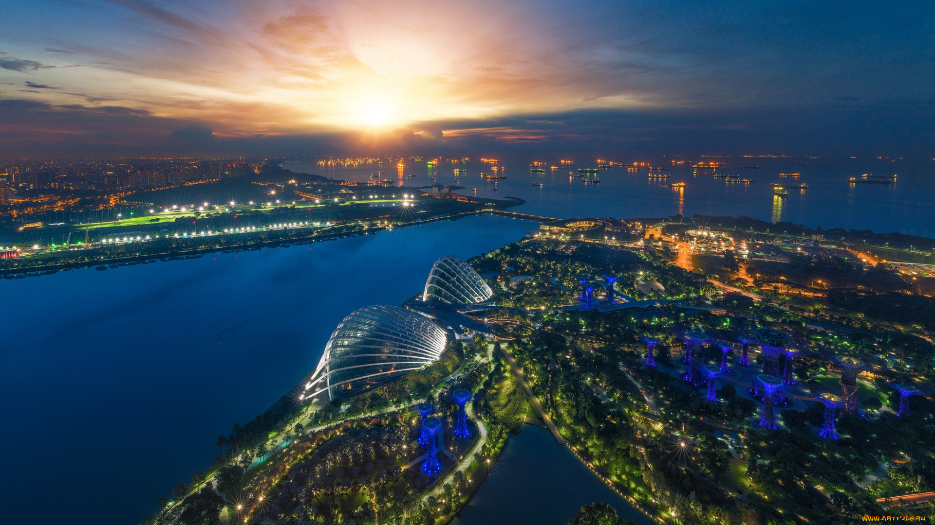 города, сингапур, , сингапур, night, ночь, fountains, огни, lights, blue, архитектура, мегаполис, небоскребы