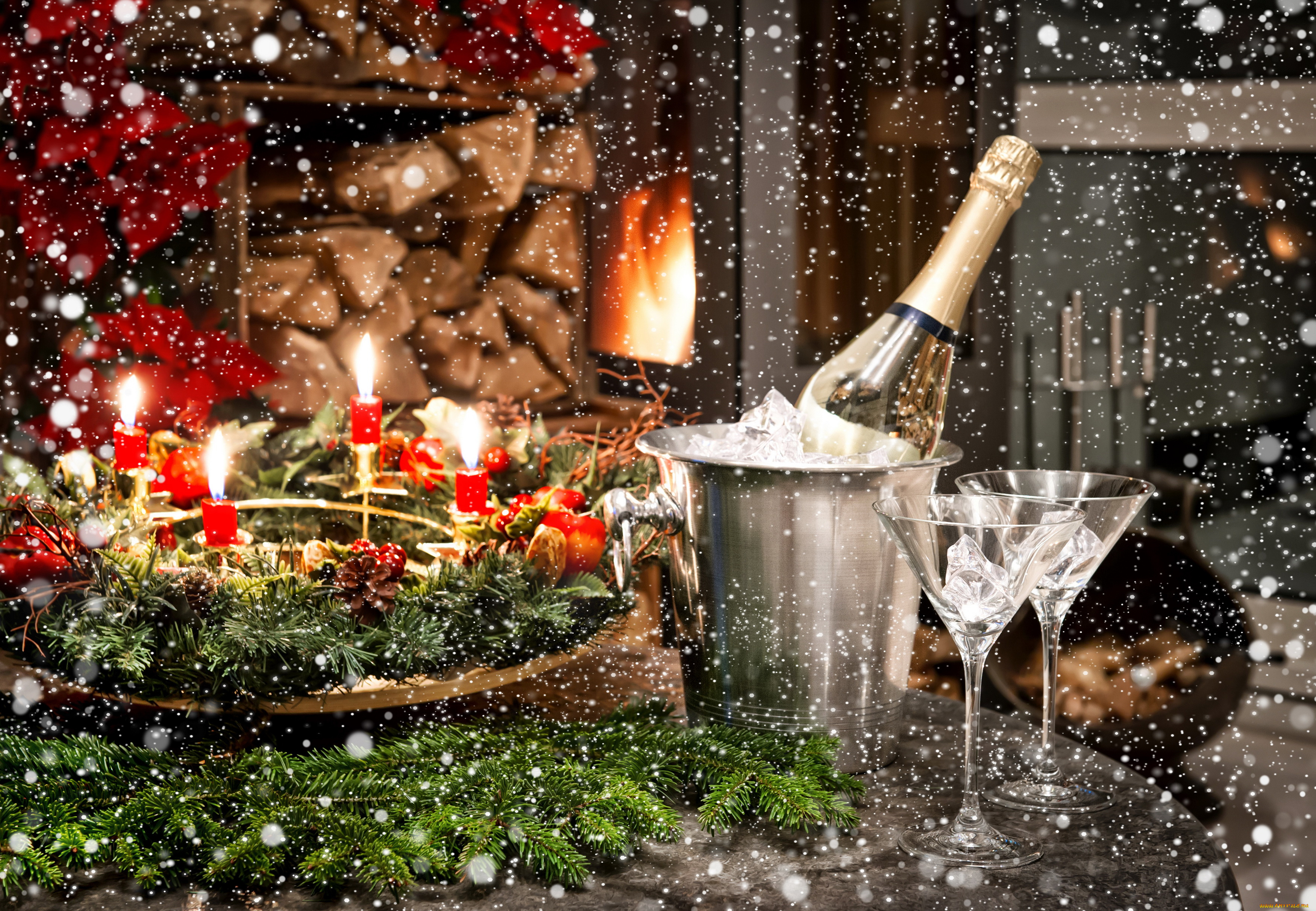 праздничные, угощения, ветки, ель, свечи, снежинки, бокалы, шампанское