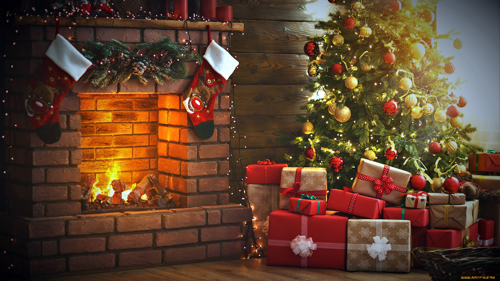 праздничные, новогодний, очаг, елка, камин, подарки