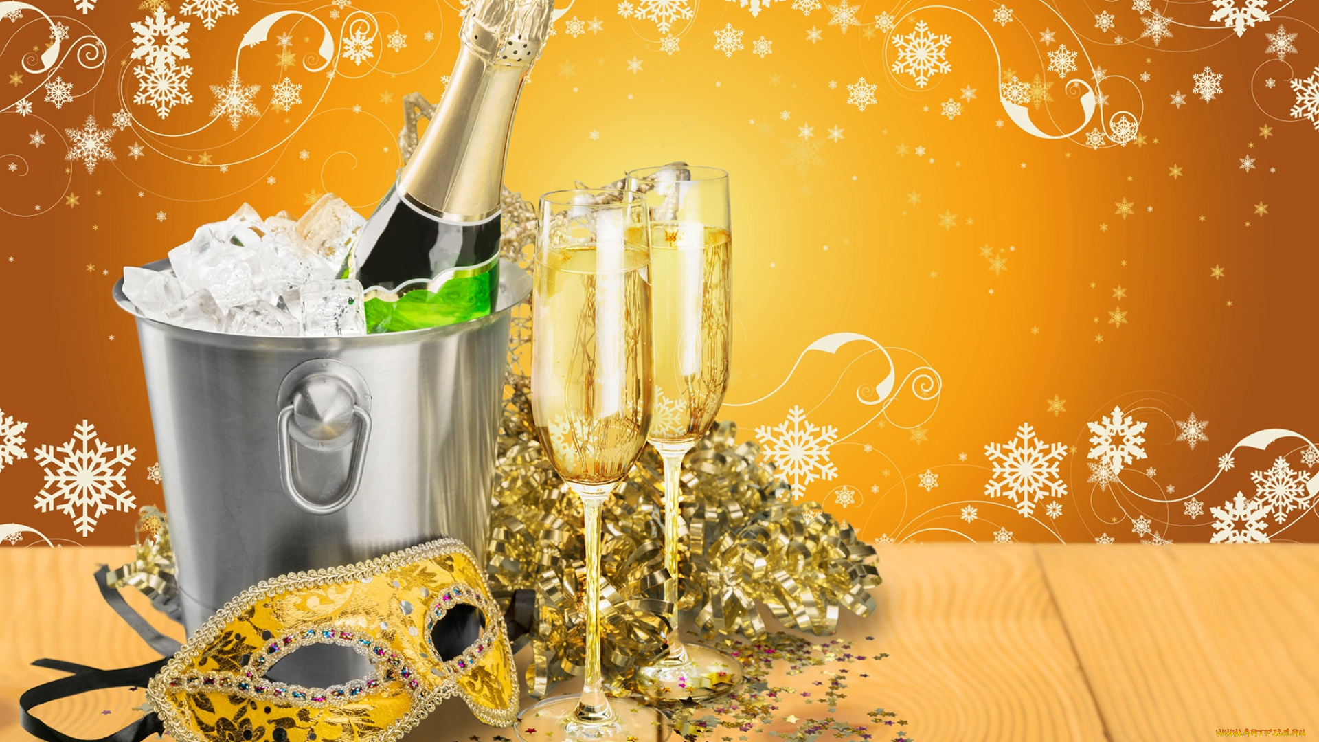 праздничные, угощения, лед, новый, год, шампанское, мишура, бокалы, узоры, маска