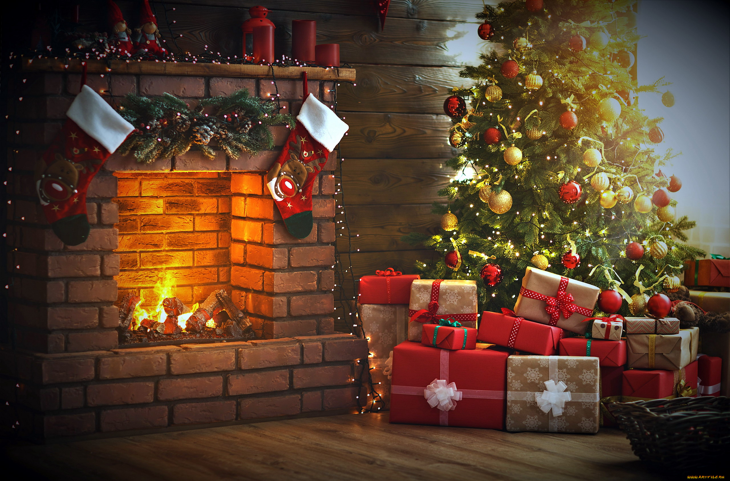 праздничные, новогодний, очаг, елка, камин, подарки