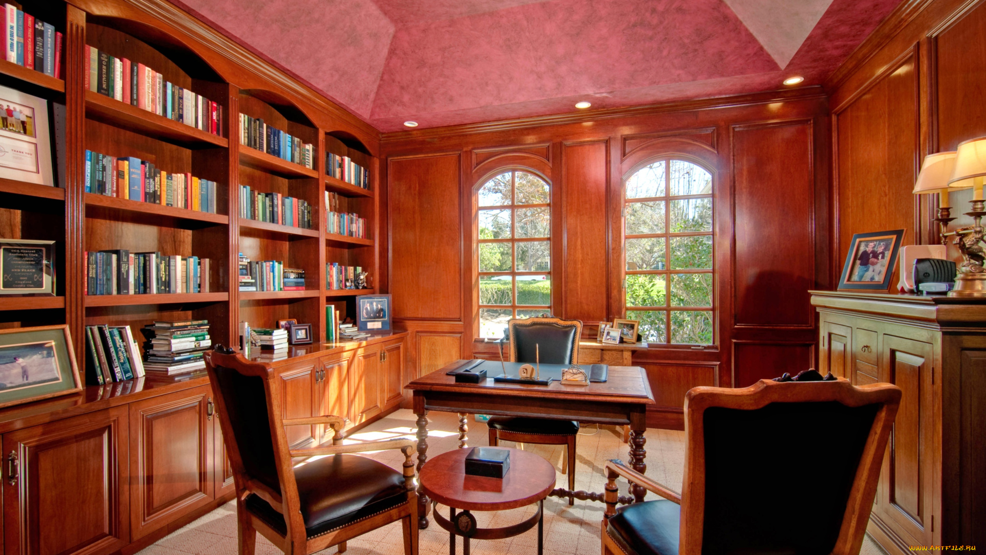 интерьер, кабинет, библиотека, офис, стулья, шкафы, стол, книги
