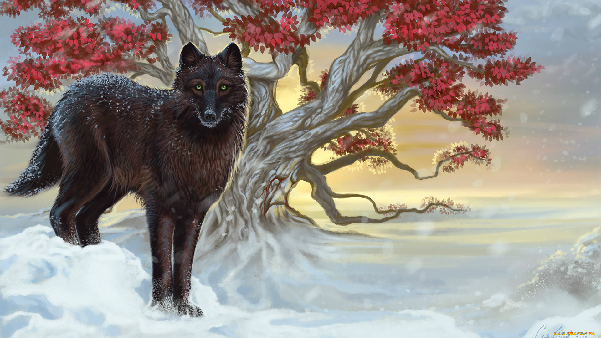 рисованные, животные, волки, ветки, холод, снег, дерево, зима, зеленые, глаза, листья, взгляд