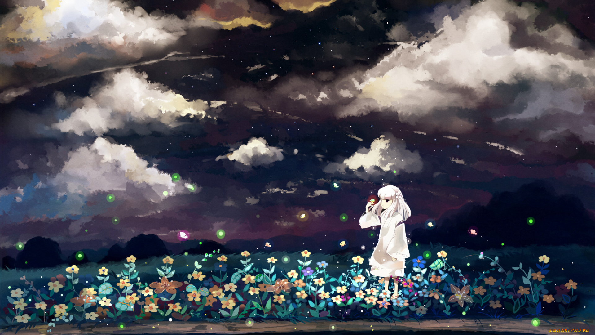 аниме, inuyasha, девочка, облака, небо, водоём, kanna, цветы, ночь, saik, светлячки, арт
